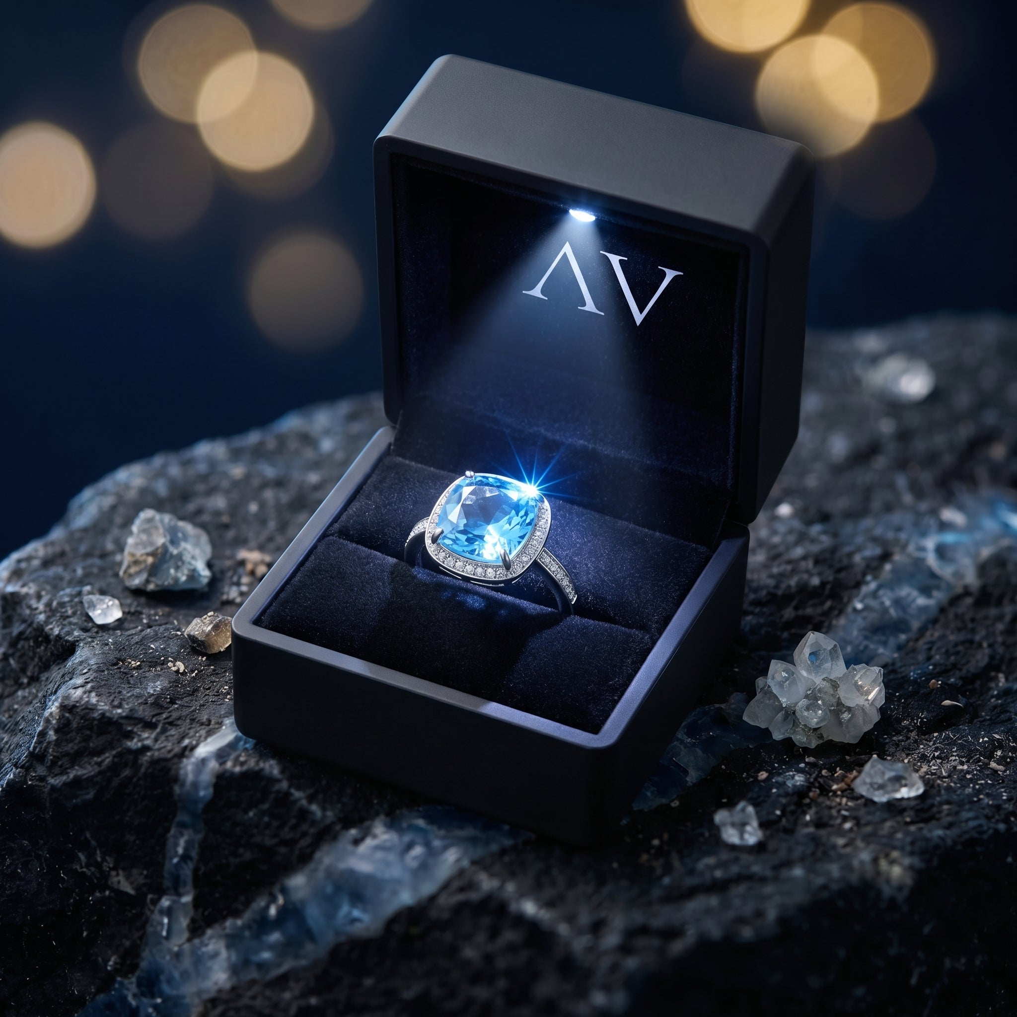 Natural blue topaz sterling silver ring presented in a black lighted jewelry gift box on a dark surface.