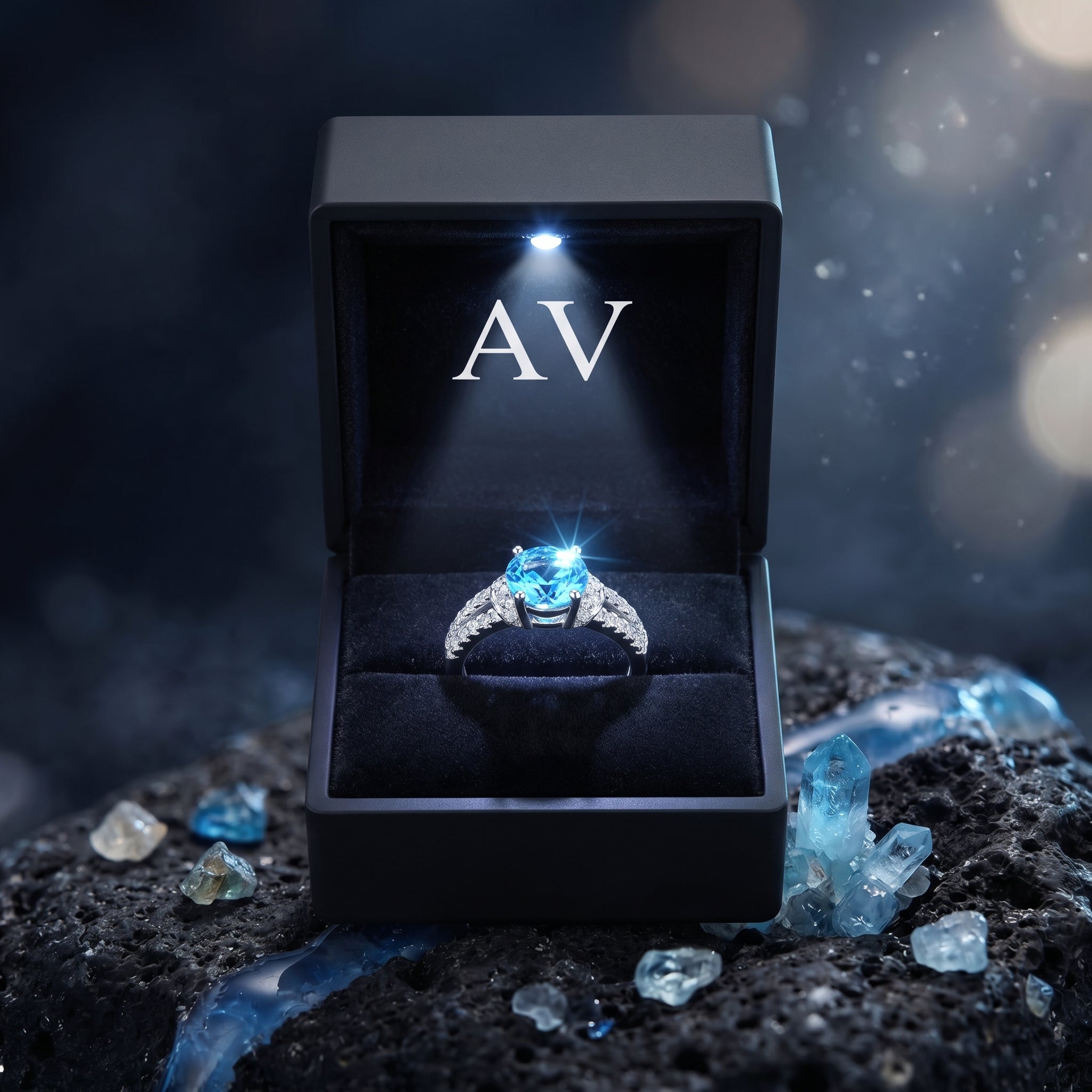 Natural topaz ring inside a black LED-lit presentation box with AV logo on a styled volcanic rock base.