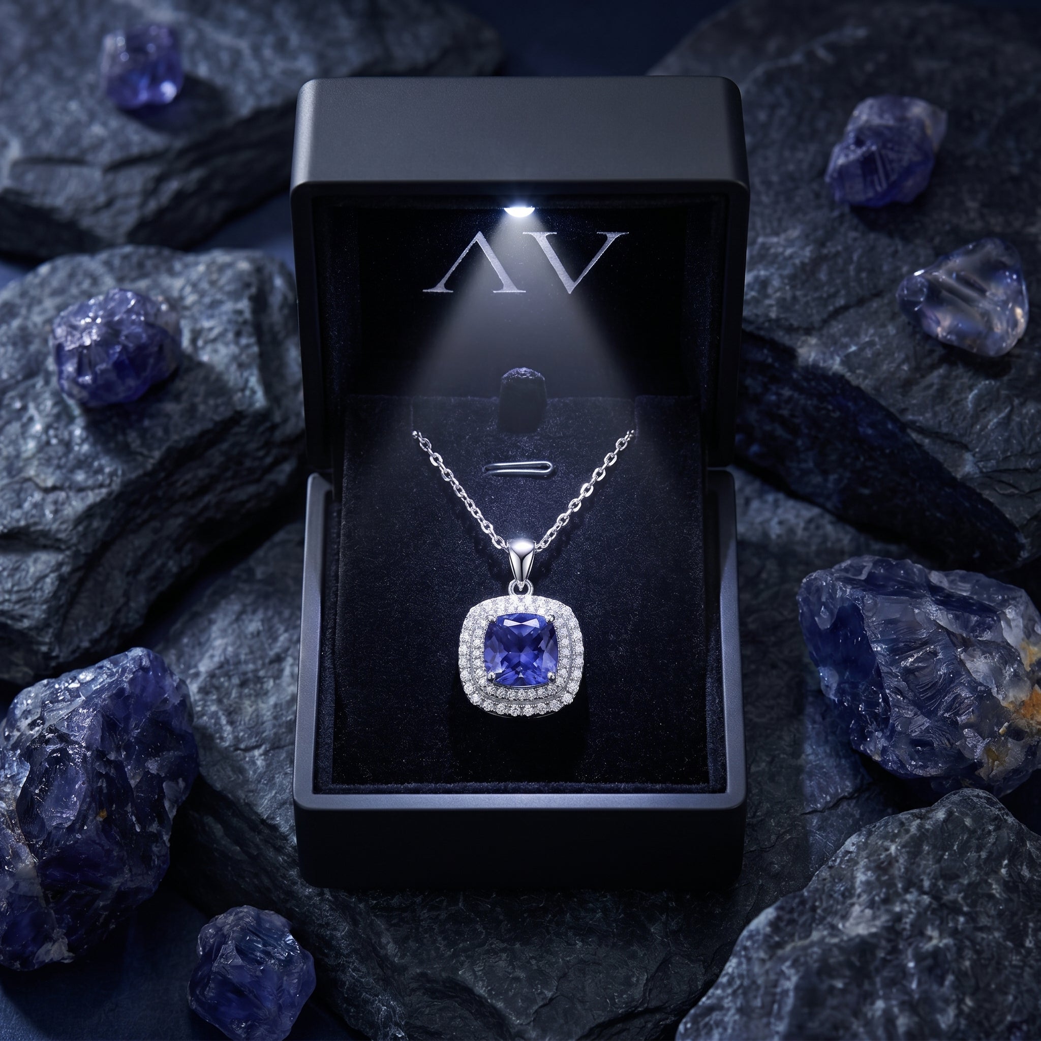 Natural tanzanite halo necklace in a lighted black jewelry box surrounded by raw tanzanite stones.