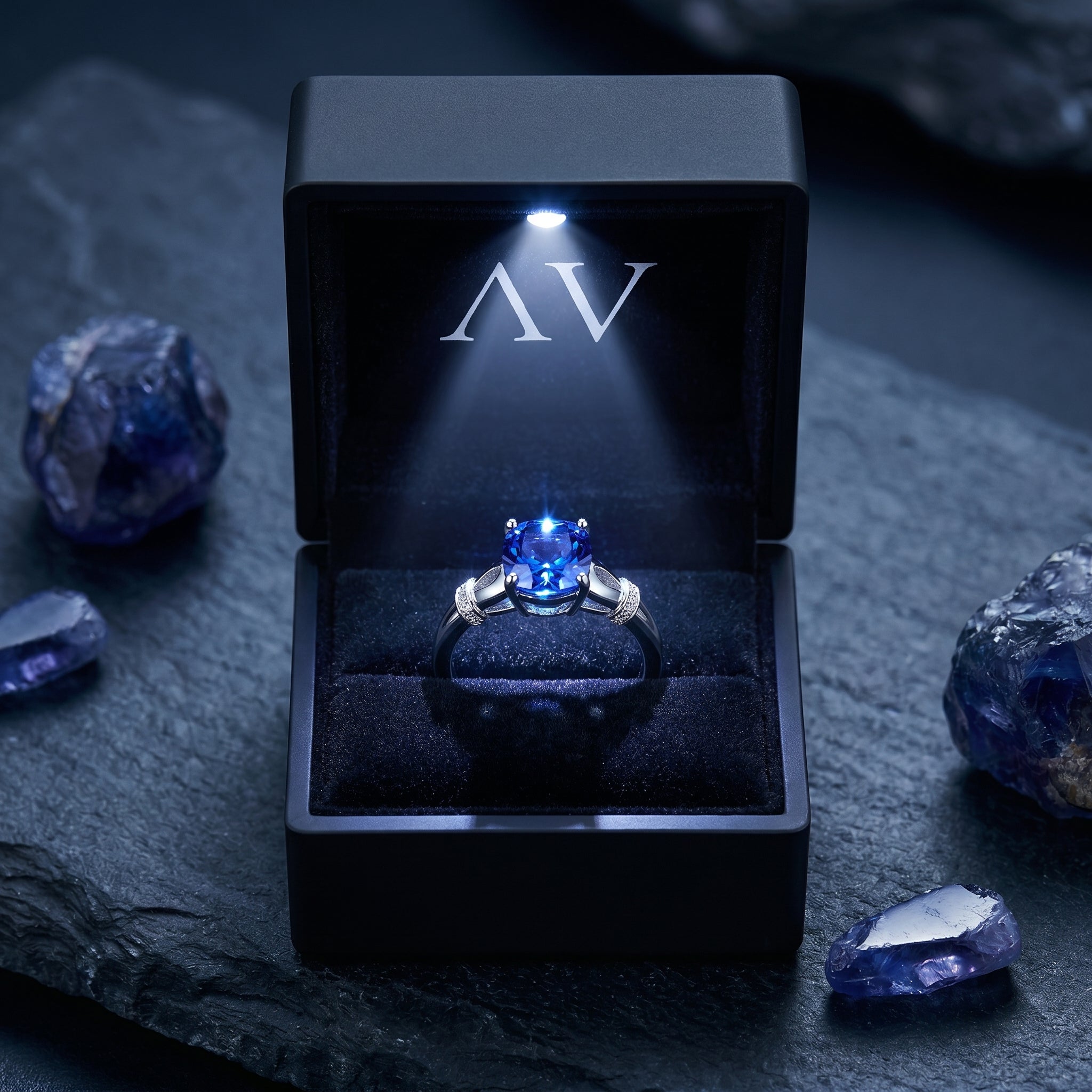 Illiana tanzanite ring in 18K white gold inside a premium black LED-lighted jewelry presentation box.