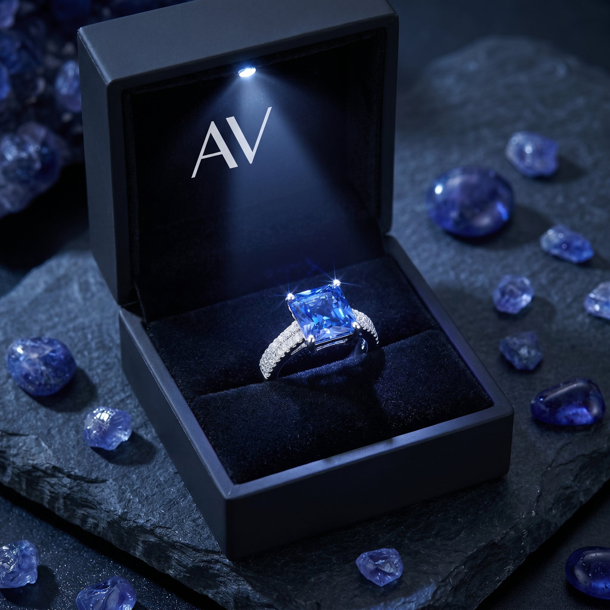 Princess cut tanzanite sterling silver ring presented in a black LED-lit AV branded jewelry gift box.