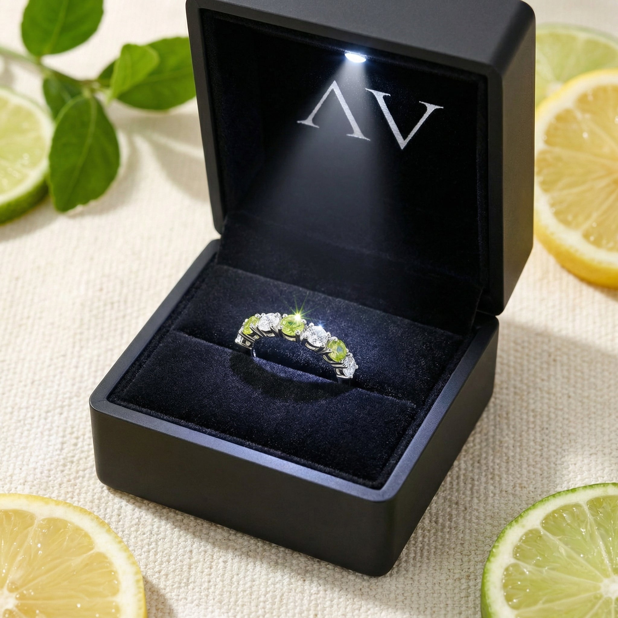 Sterling silver simulated peridot ring inside a black lighted jewelry box surrounded by citrus slices.