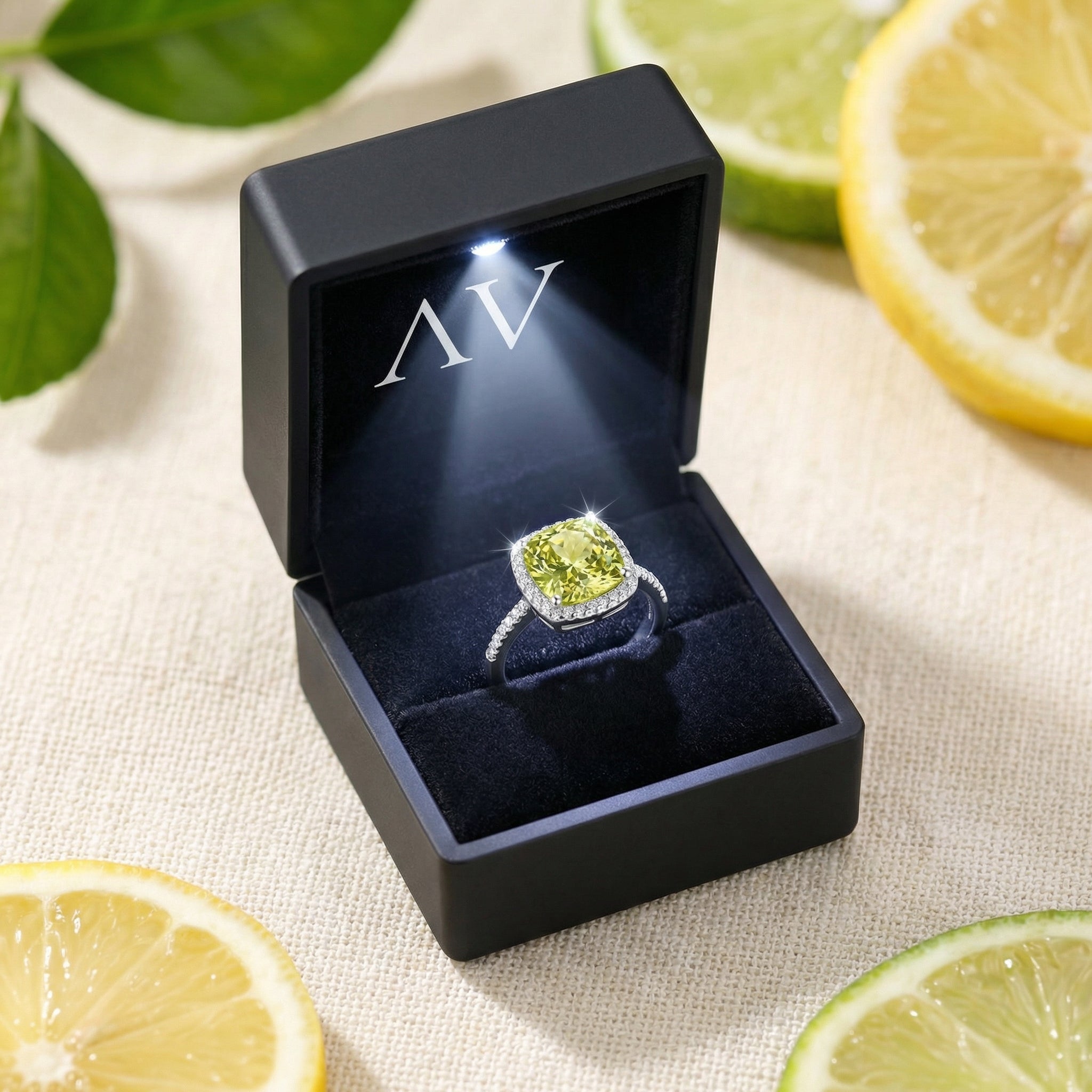 S925 sterling silver cushion peridot ring inside a black jewelry box with a built-in LED light.