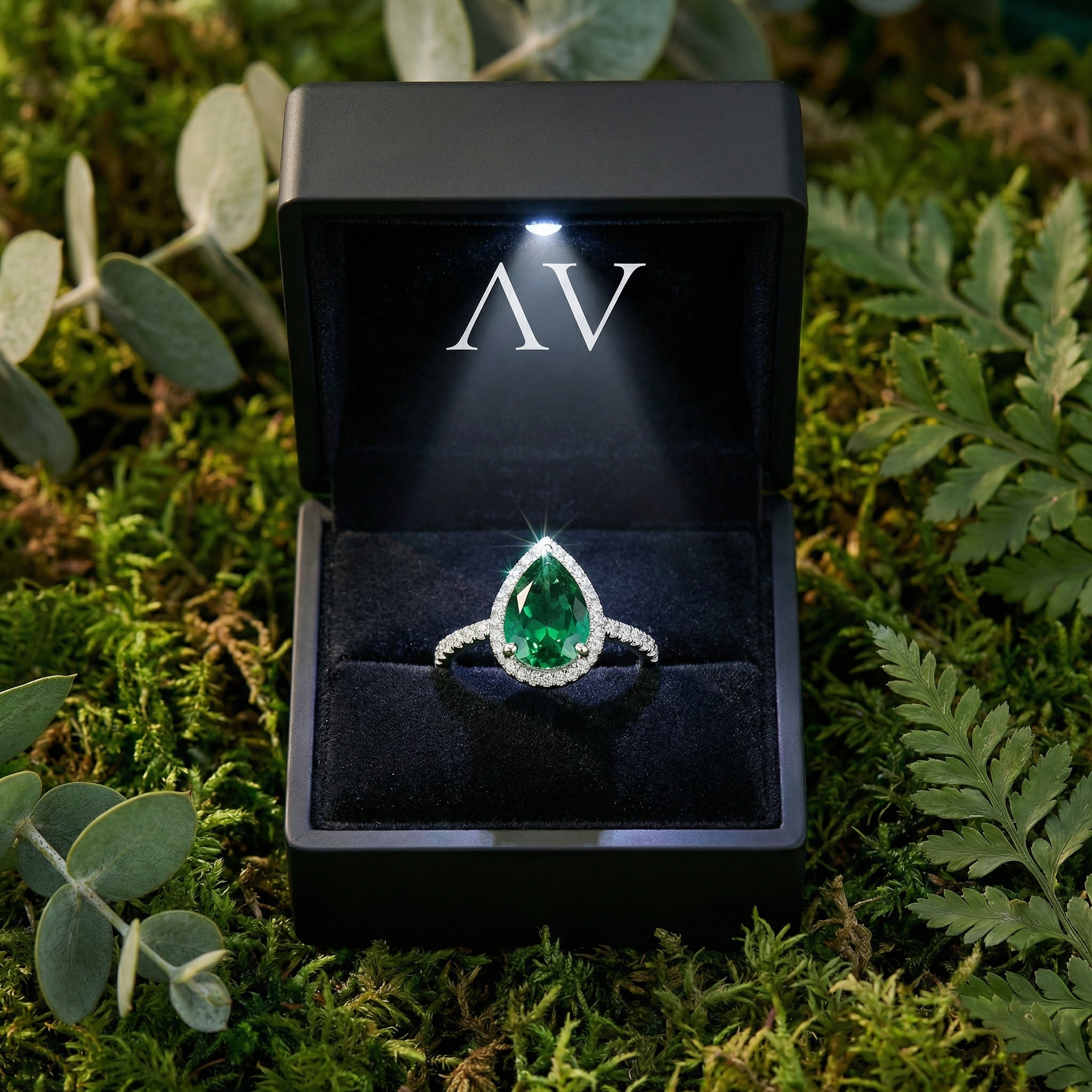 Pear-cut simulated emerald ring in silver inside a lighted black jewelry box on a bed of green moss and leaves.