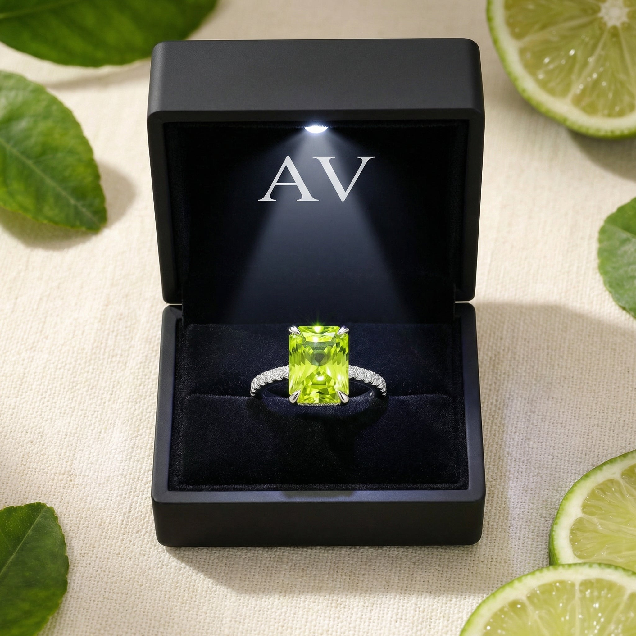 Radiant-cut simulated peridot silver ring inside a black LED-lit gift box, styled with lime slices.