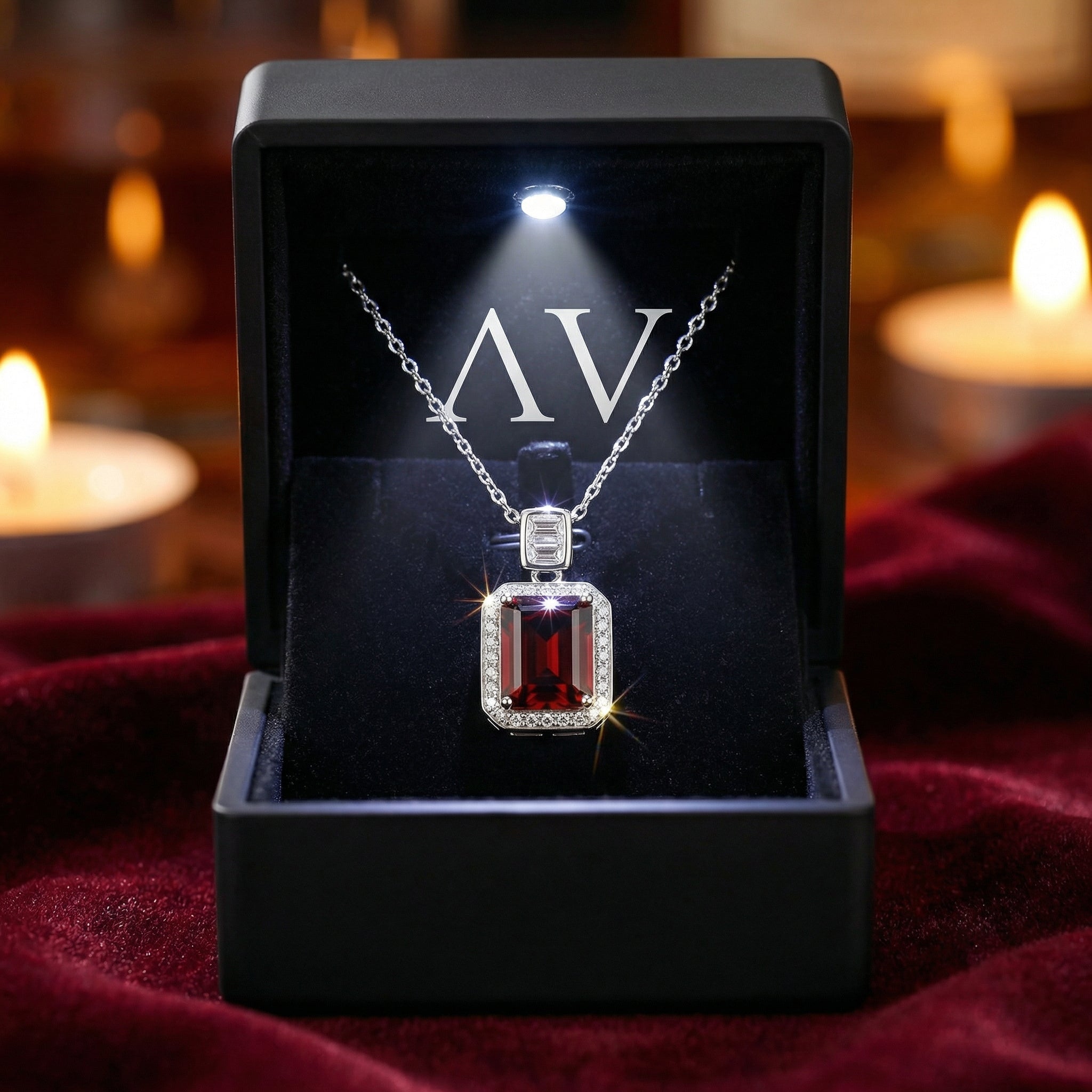 Emerald-cut simulated garnet necklace in a lighted black presentation box on red velvet.