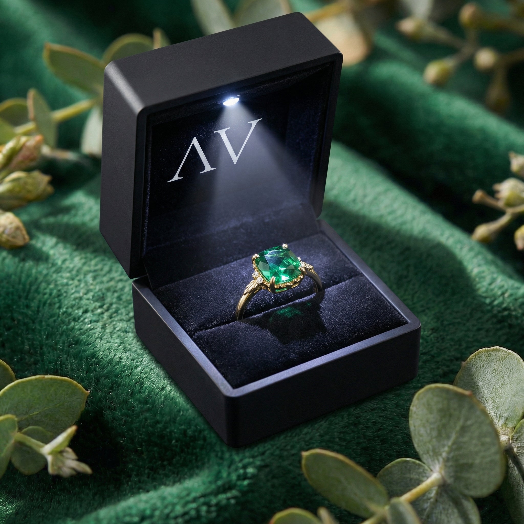 18K gold vermeil cushion-cut simulated emerald ring inside a black LED-lit jewelry box on green velvet.