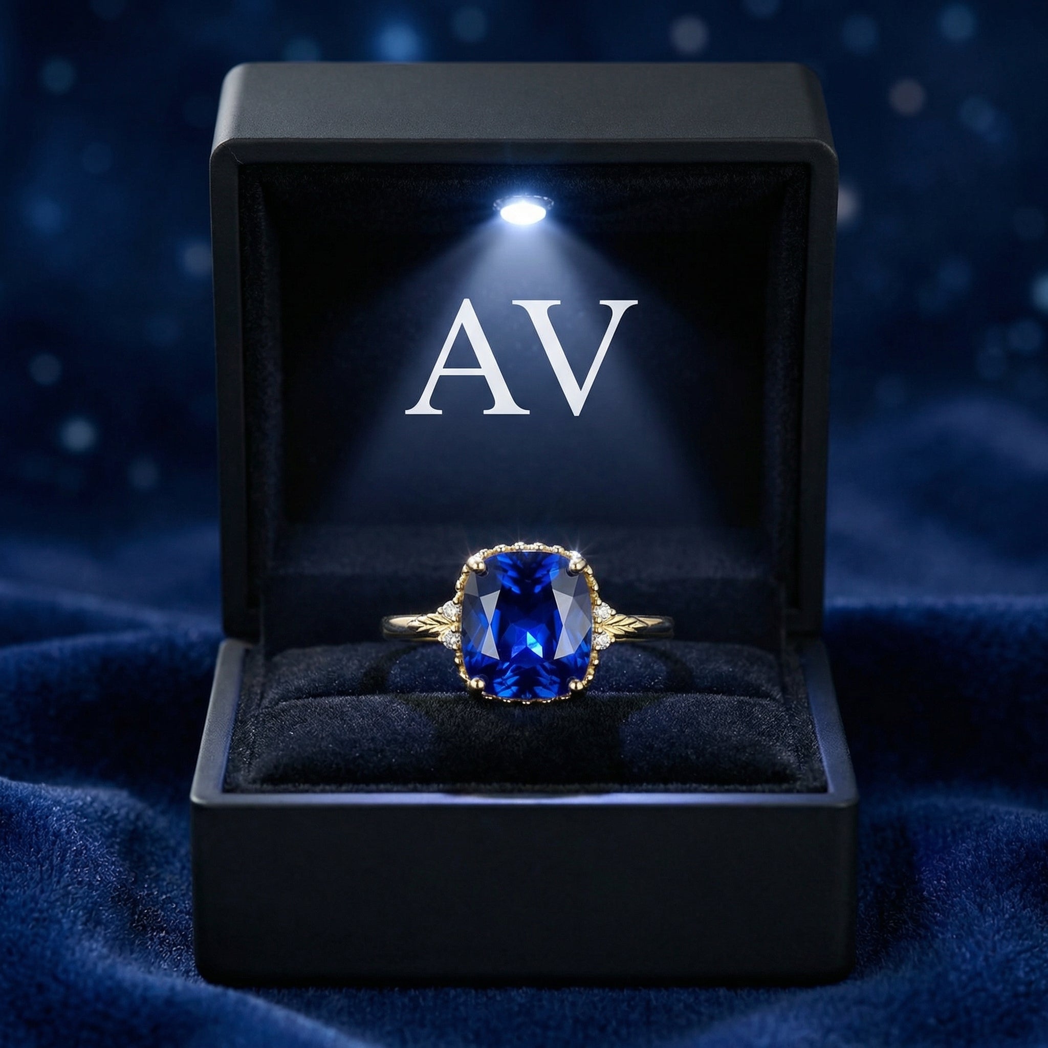 Arisara cushion-cut simulated sapphire ring in 18K gold vermeil in a lighted black jewelry gift box.