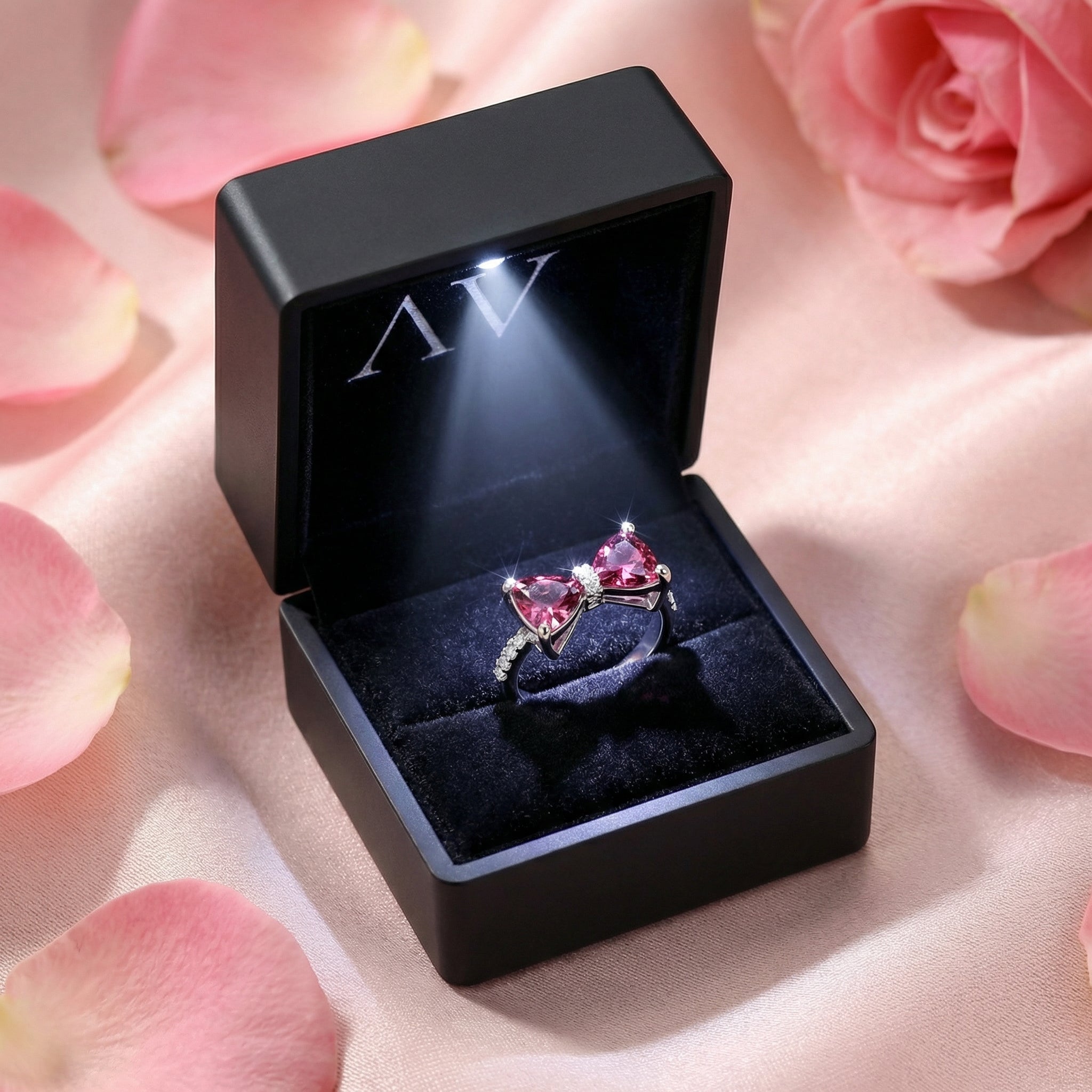 Pink tourmaline bow ring in a black LED-lit jewelry box on a pink satin background with rose petals.