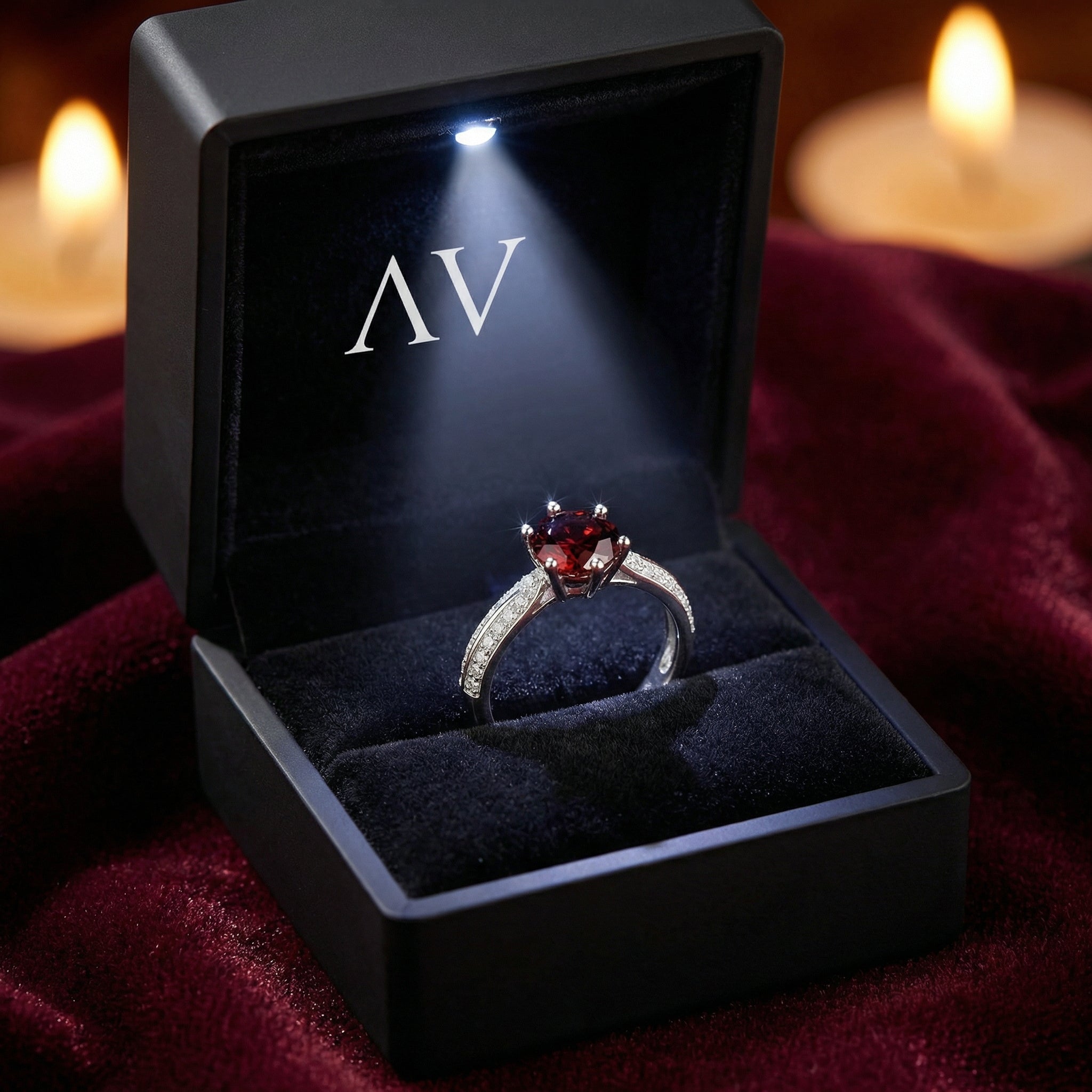 Sterling silver simulated garnet ring inside a black LED-lighted jewelry gift box on a velvet surface.