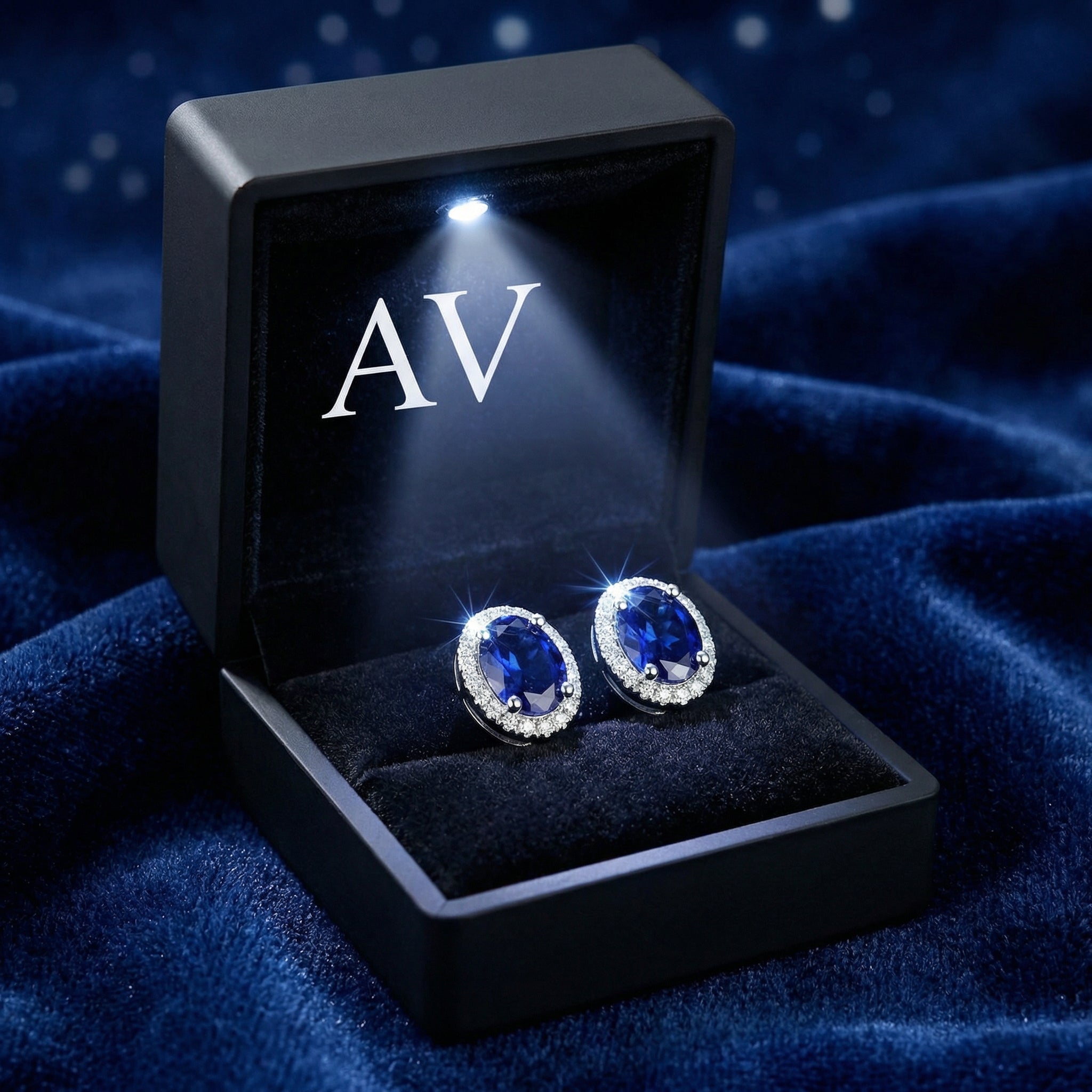Pair of oval simulated sapphire halo earrings in sterling silver inside a black LED-lit jewelry gift box.