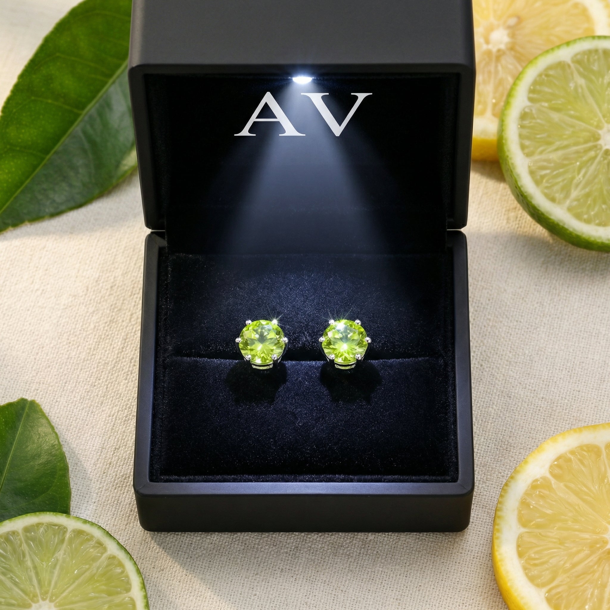 Pair of simulated peridot stud earrings in a black lighted jewelry gift box with citrus accents.