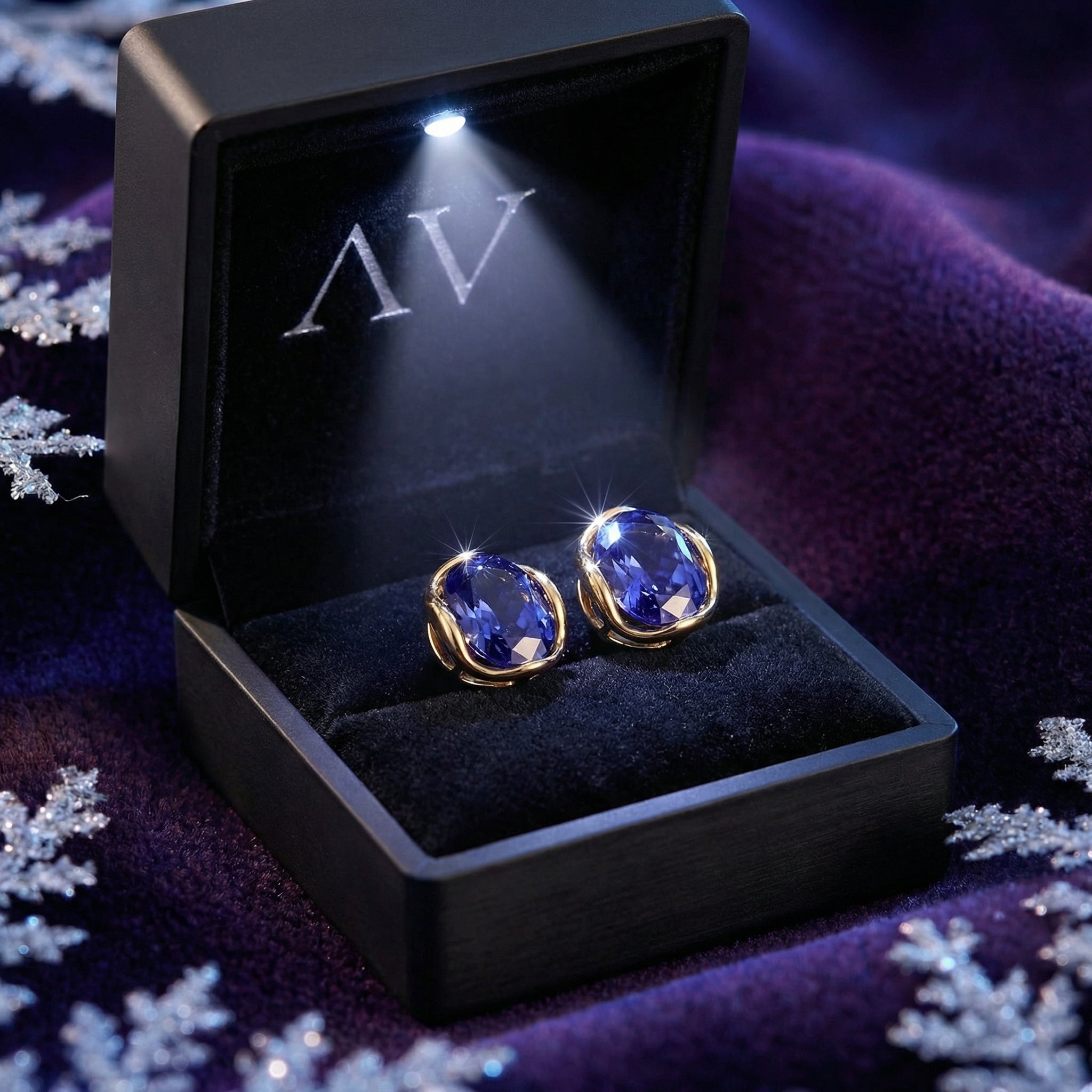 Oval simulated tanzanite gold vermeil earrings in a black lighted presentation box on purple velvet.