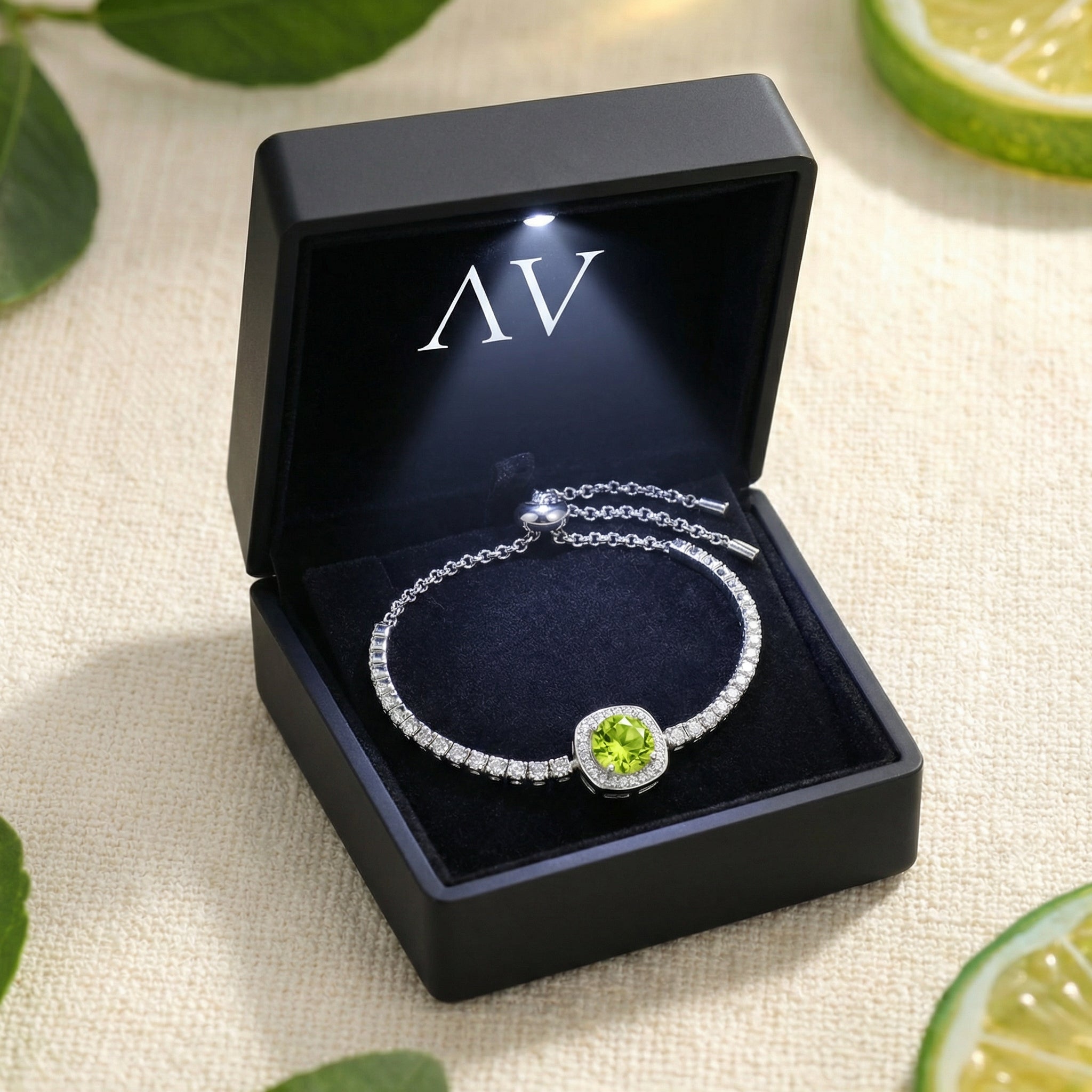 S925 sterling silver peridot halo bracelet presented in a black LED-lit jewelry gift box.