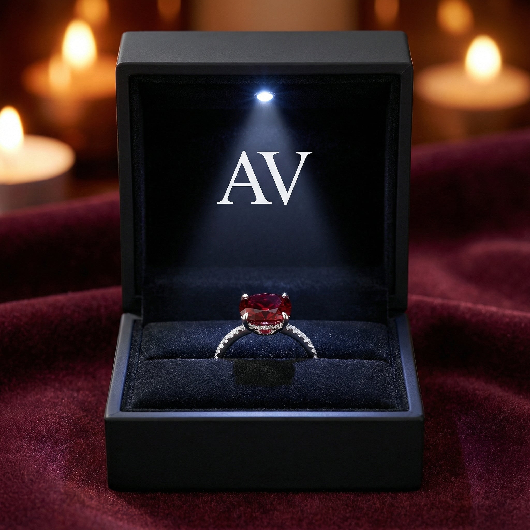 Deep red cushion cut garnet ring in a black LED-lit jewelry box with AV branding on red velvet.