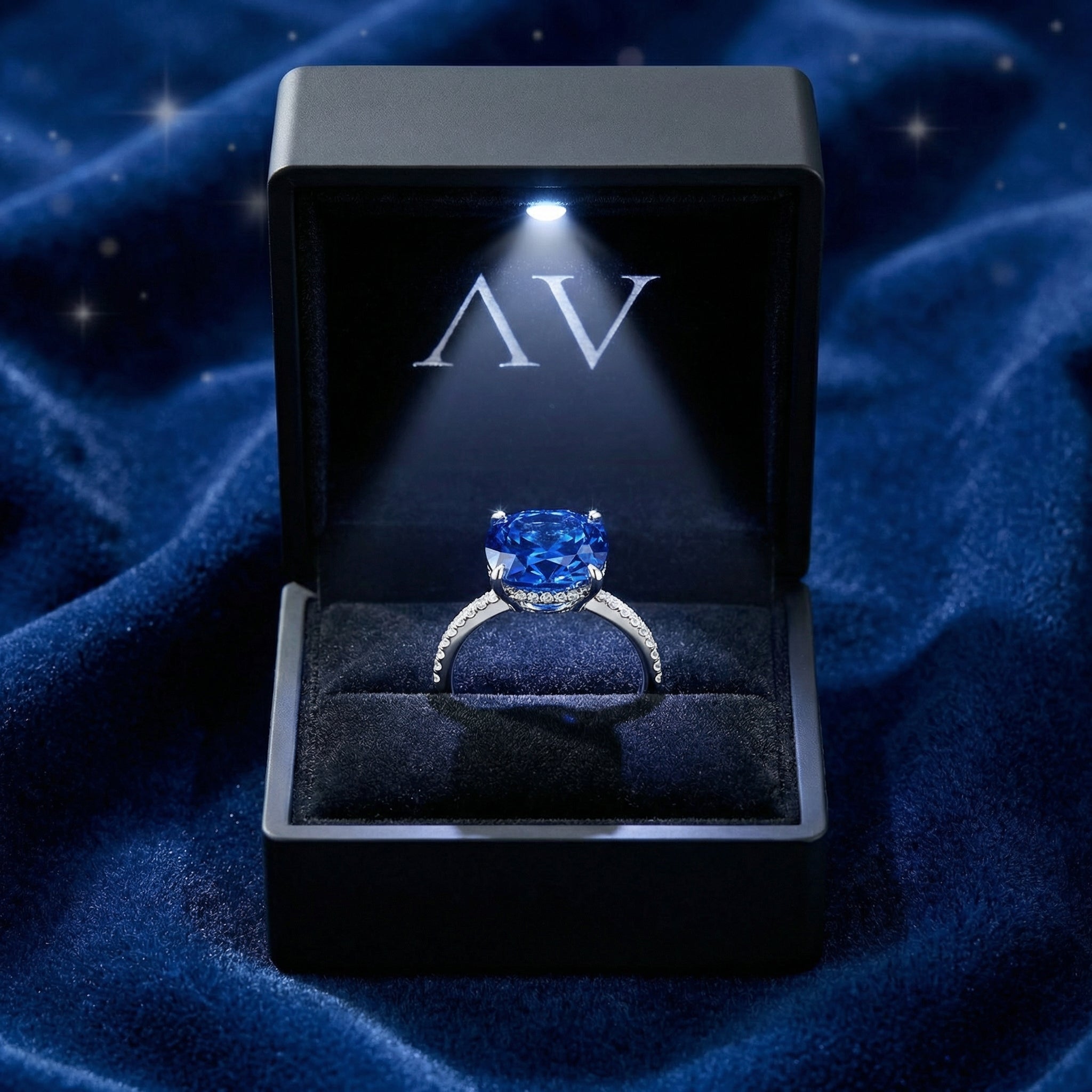 Cushion cut blue sapphire sterling silver ring presented in a lighted black jewelry gift box.