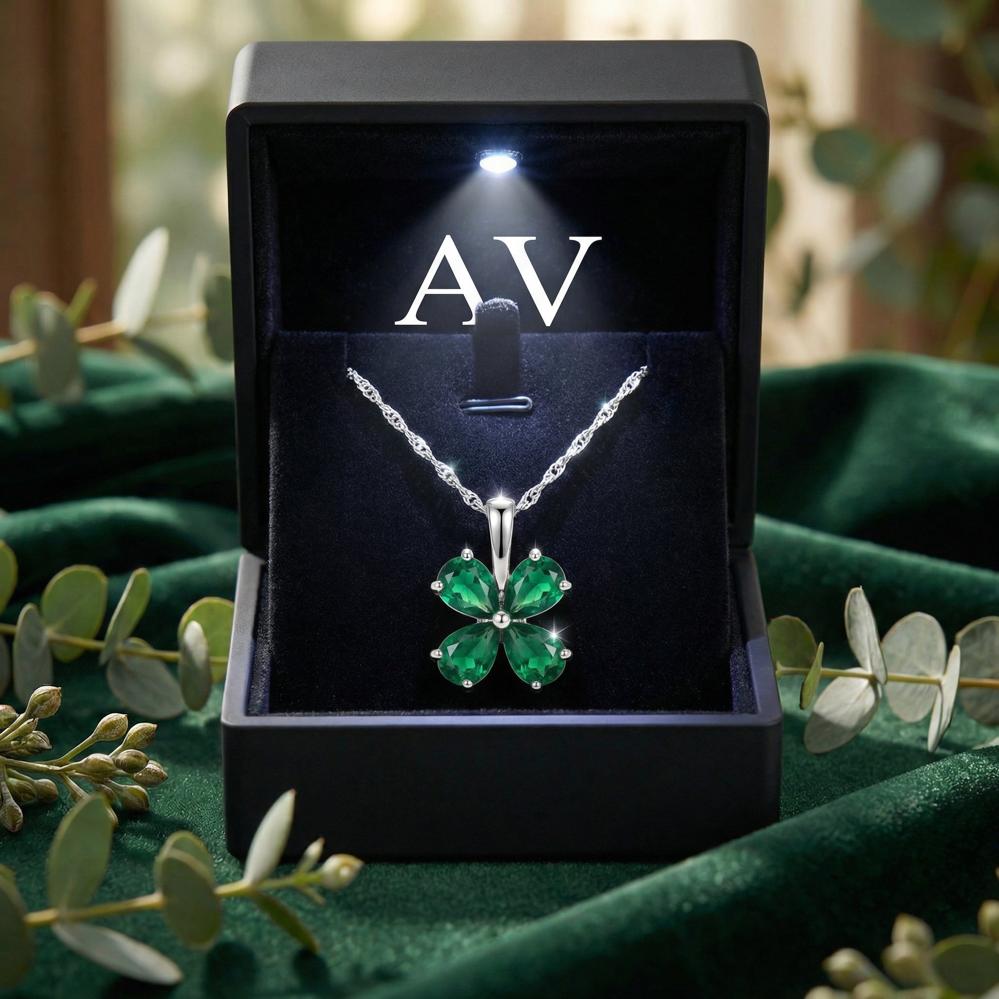 Sterling silver clover necklace with simulated emeralds in a lighted black jewelry box on green velvet.