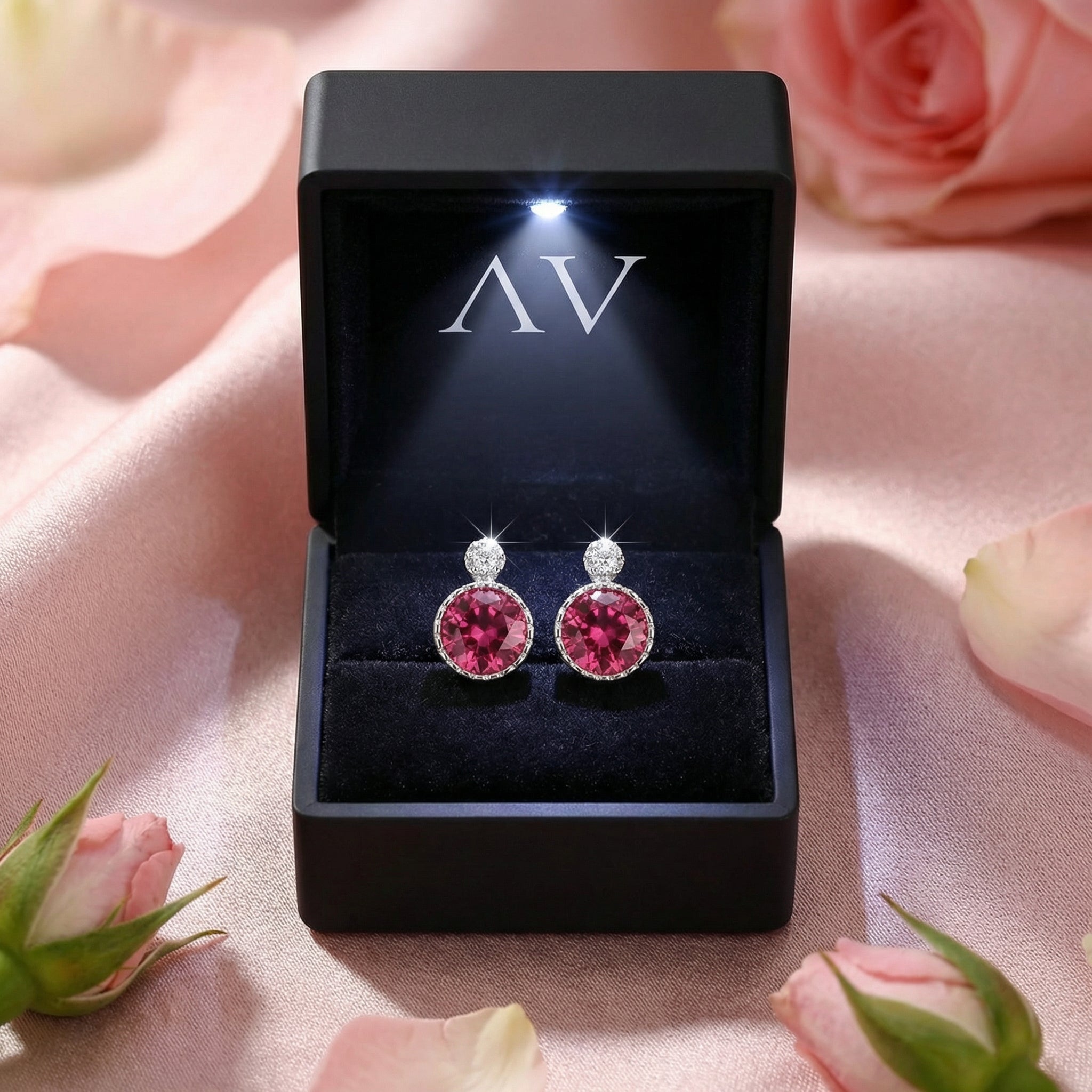 Pair of round pink tourmaline sterling silver studs presented in a black lighted jewelry gift box.