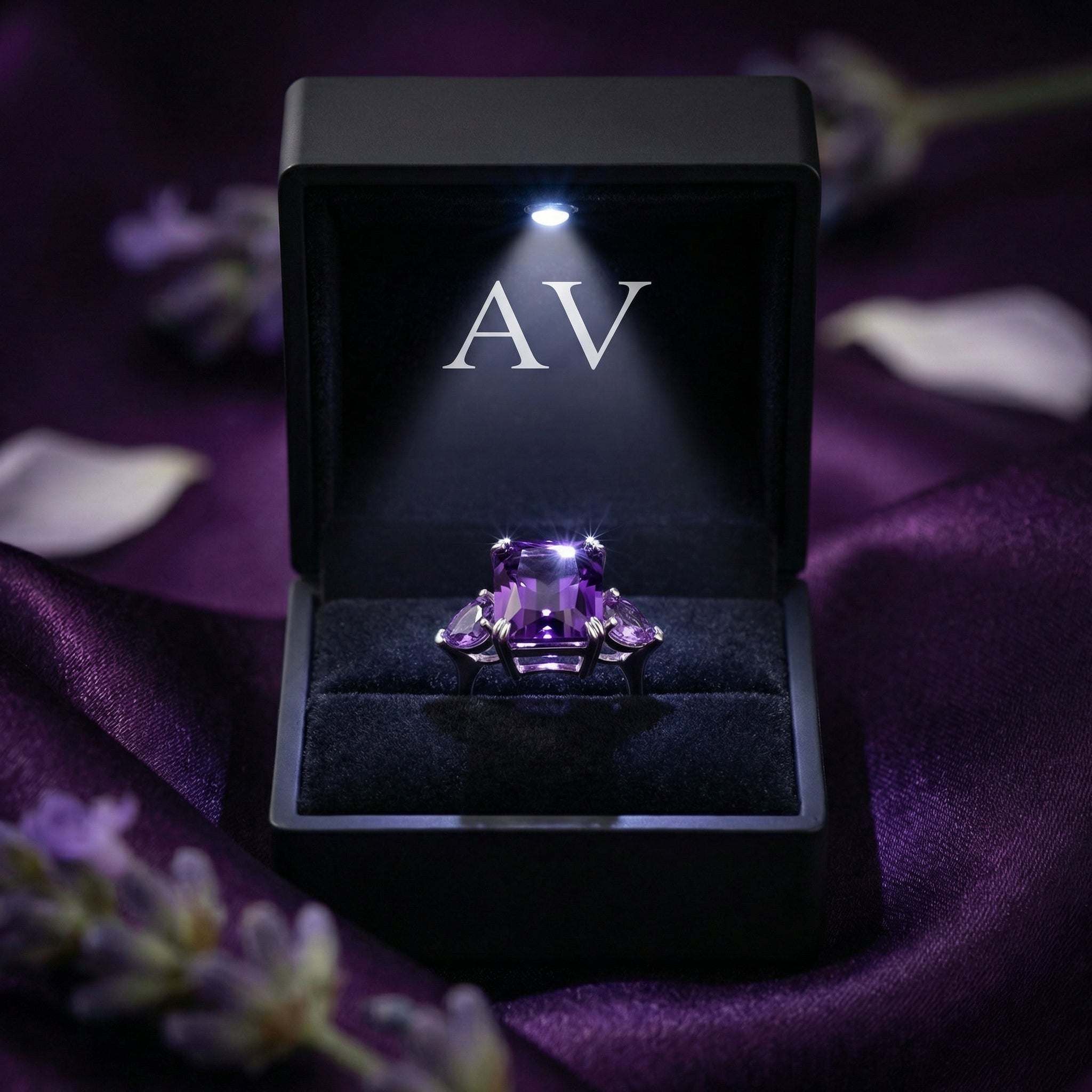 Square cut amethyst sterling silver ring presented in a premium black lighted jewelry box with AV branding.