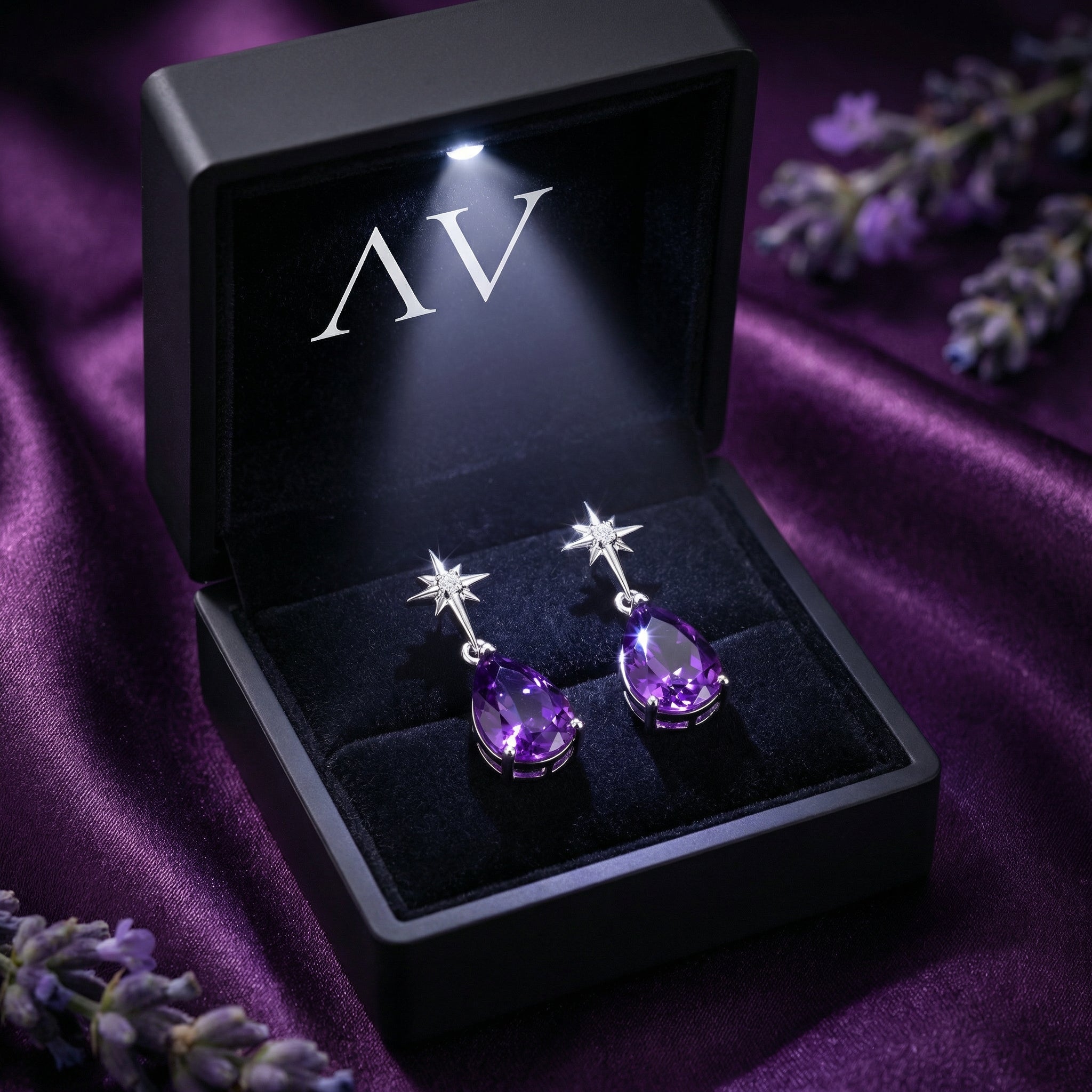 Amethyst pear cut drop earrings in a black LED-lit presentation box on purple silk.