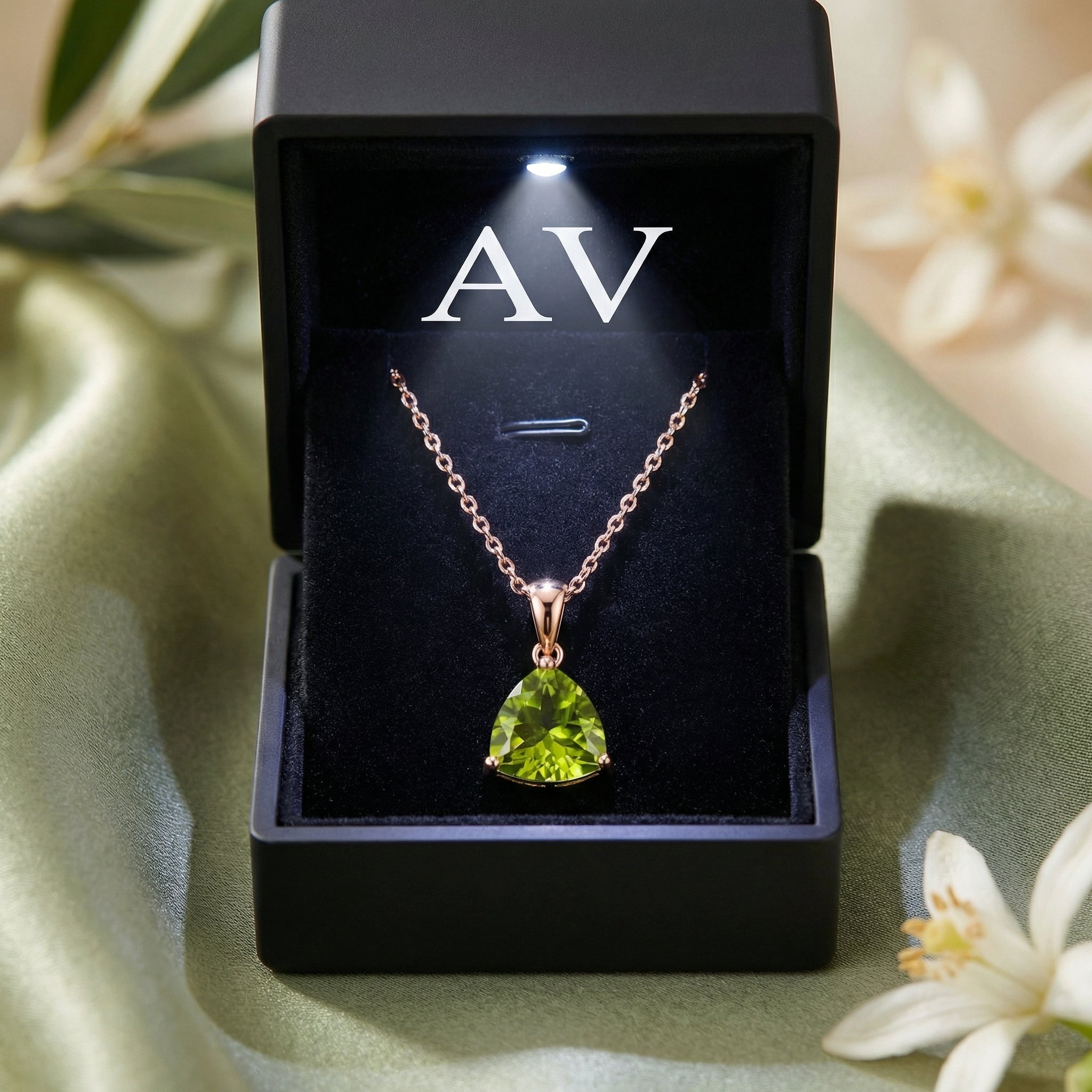 Triangle cut peridot solitaire pendant in 18K rose gold vermeil presented in a black LED-lit jewelry gift box.