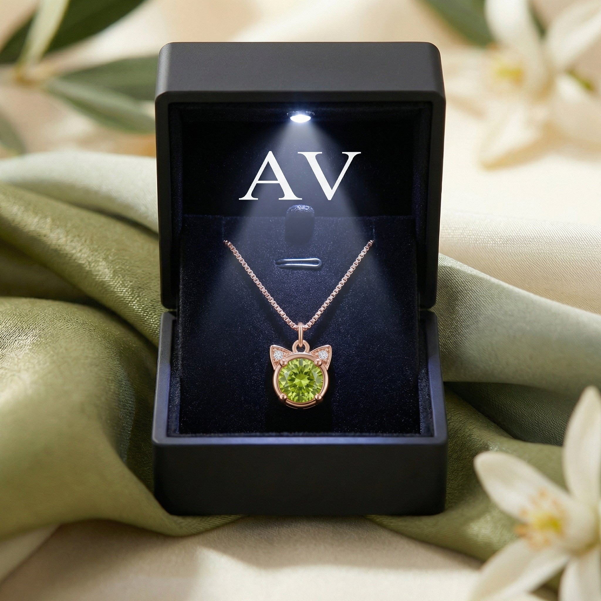 Round peridot cat necklace in 18K rose gold vermeil inside a lighted black AV jewelry gift box.