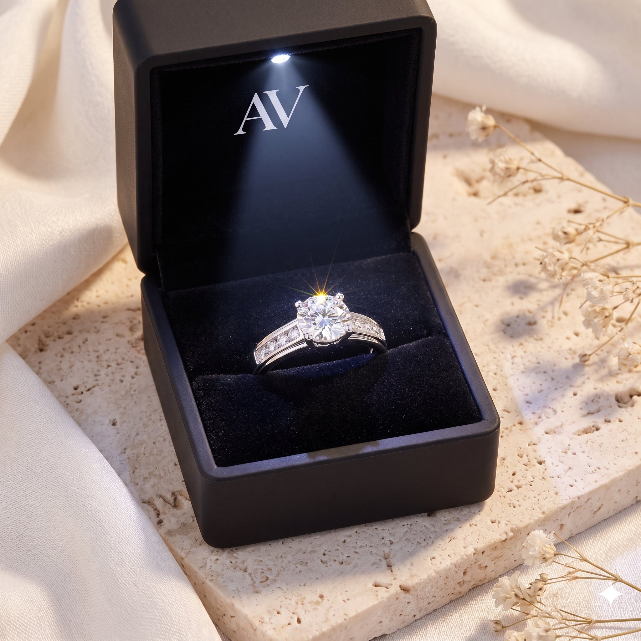S925 sterling silver solitaire ring presented in a black LED-lit jewelry gift box.