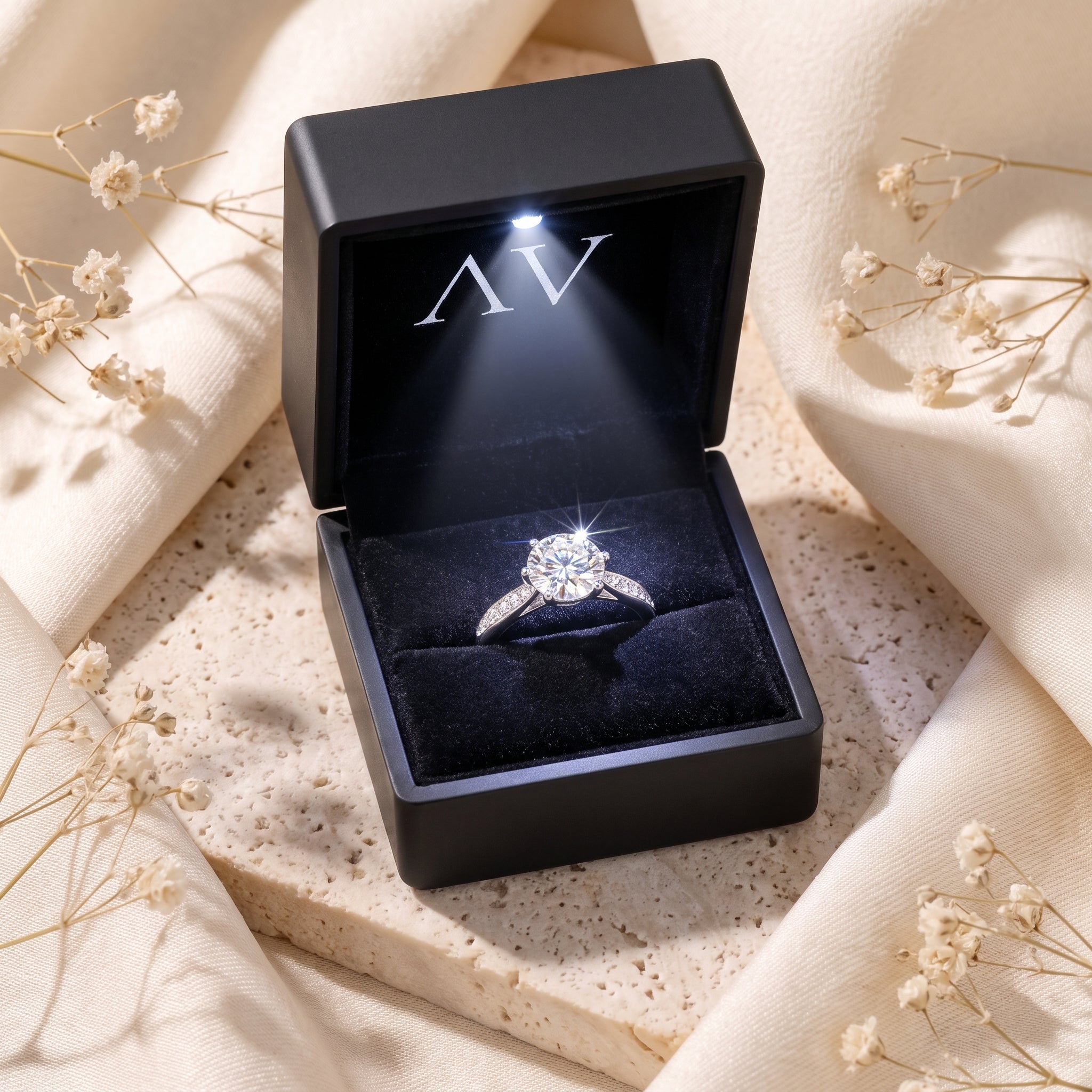 Silver solitaire ring in a black LED-lighted jewelry gift box.