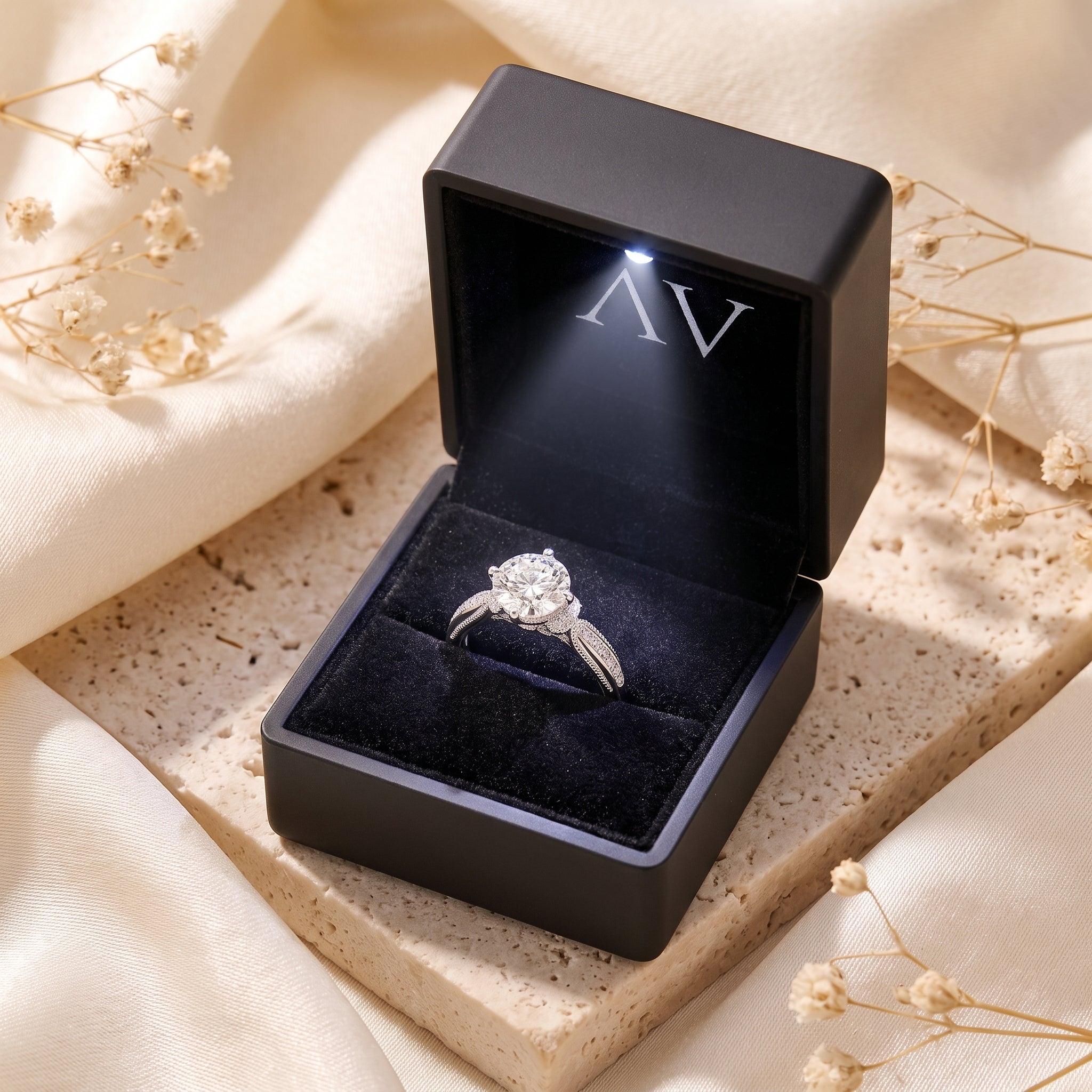 Silver S925 vintage solitaire ring inside a black LED-lit jewelry presentation box.