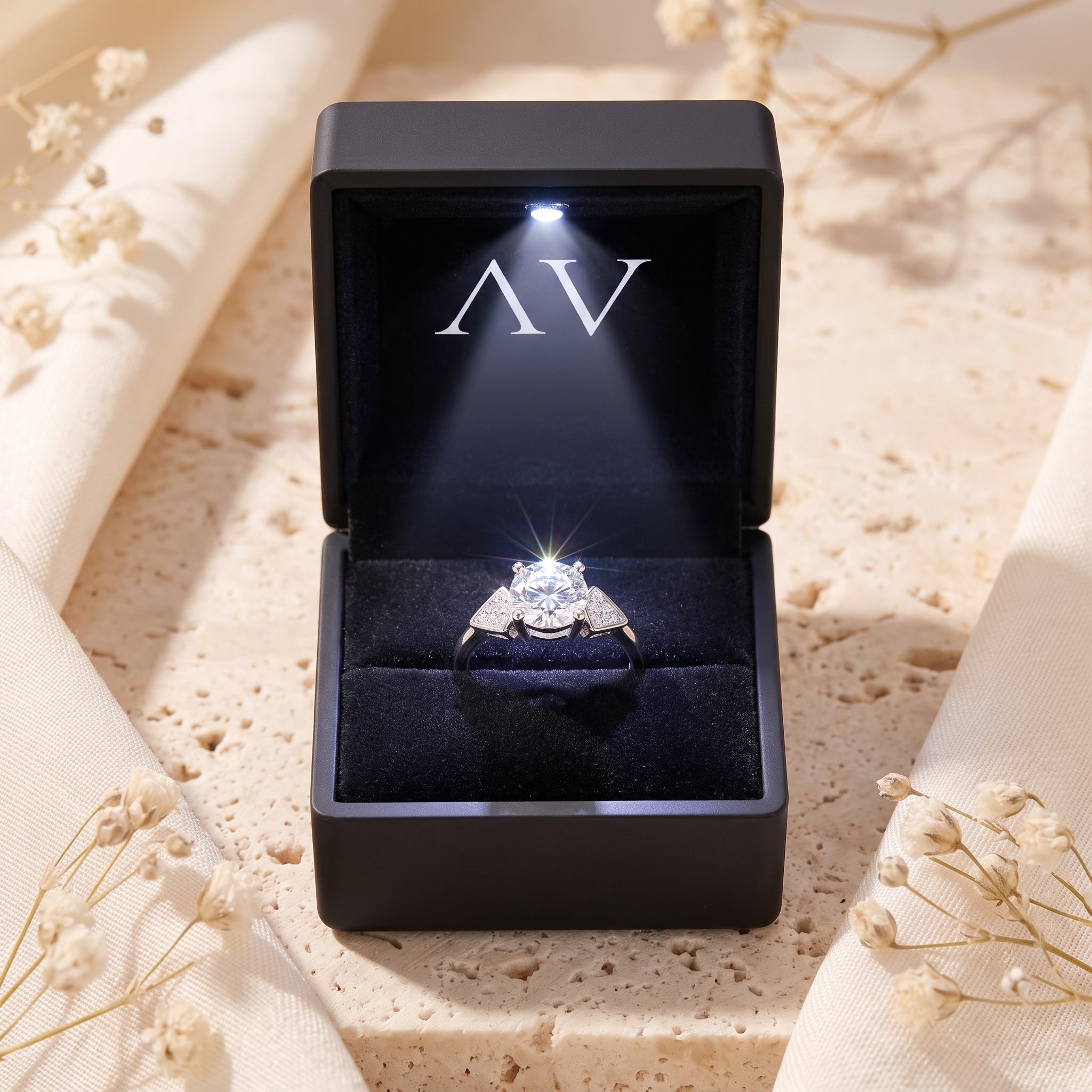 S925 silver Trinity ring inside a black lighted jewelry box.