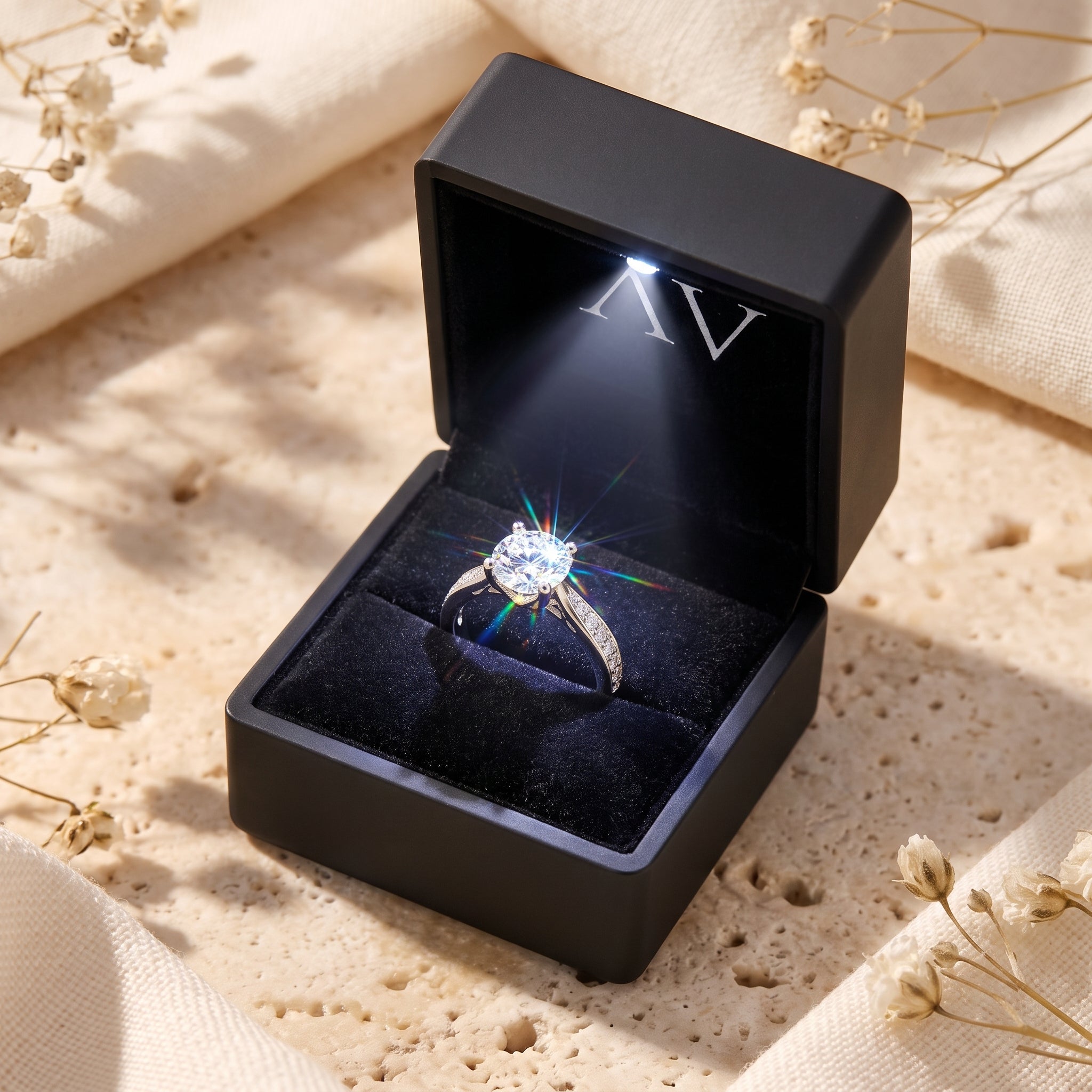 Sterling silver round cut solitaire ring inside a black LED light-up jewelry box on a styled background.