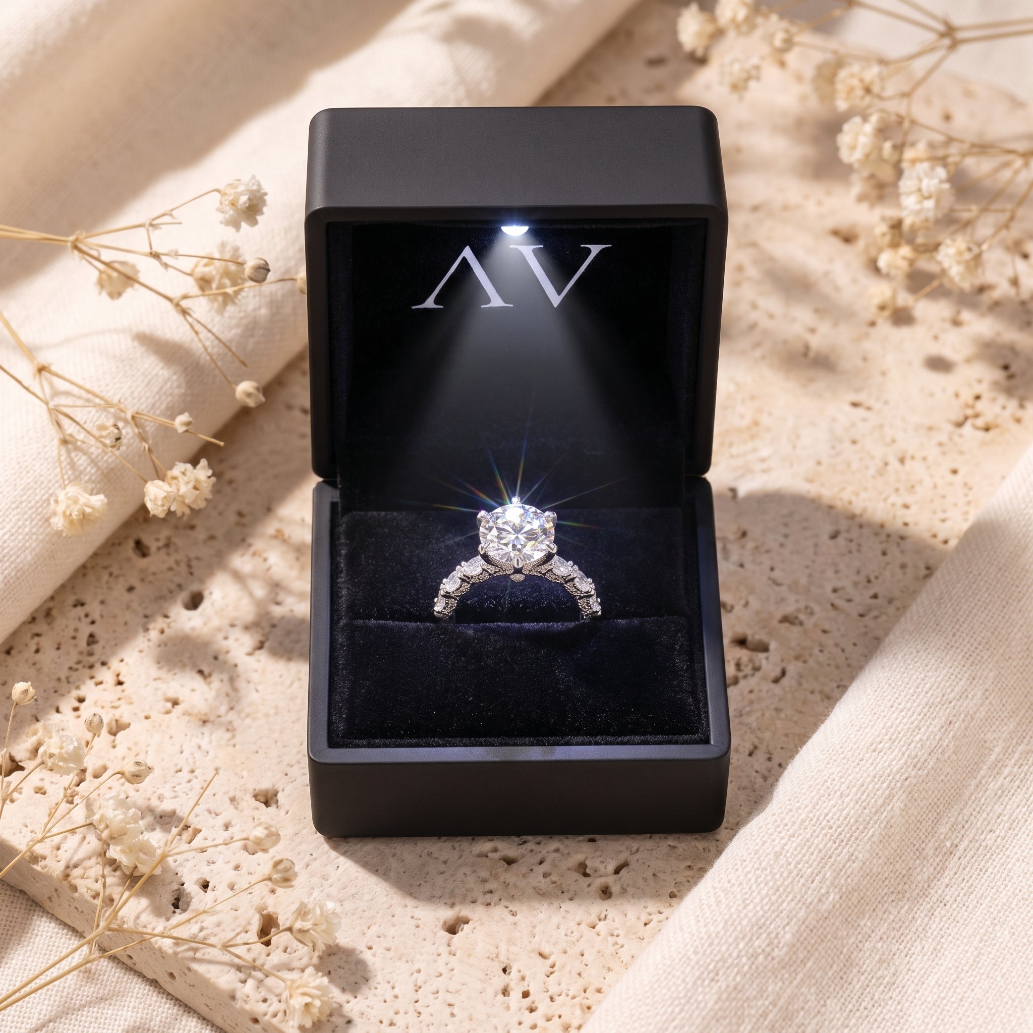 Stella silver promise ring displayed in a black LED-lit presentation box.