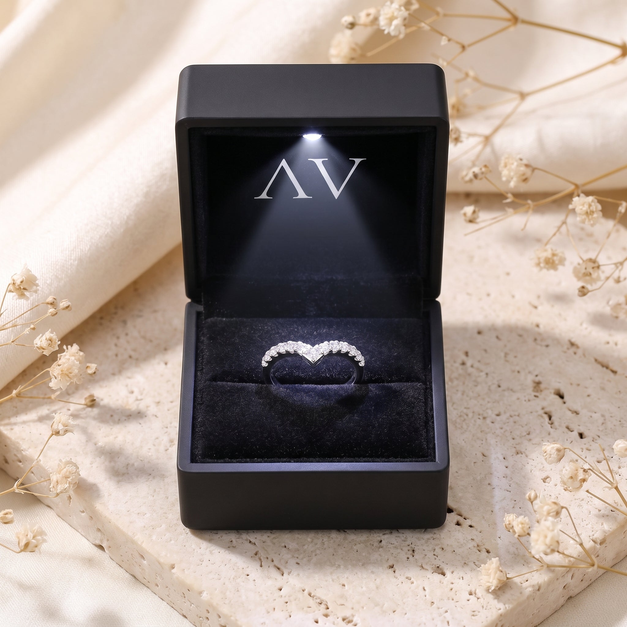 S925 silver asymmetric chevron ring in a black LED-lit gift box.