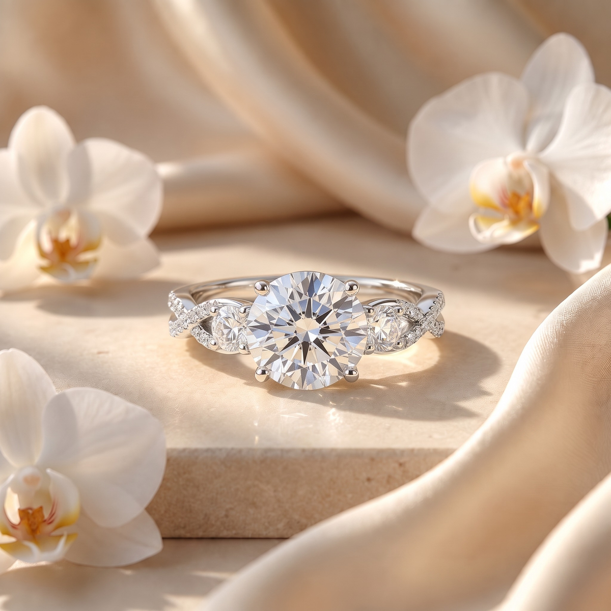 Vintage three-stone round-cut moissanite ring in silver, front product view.