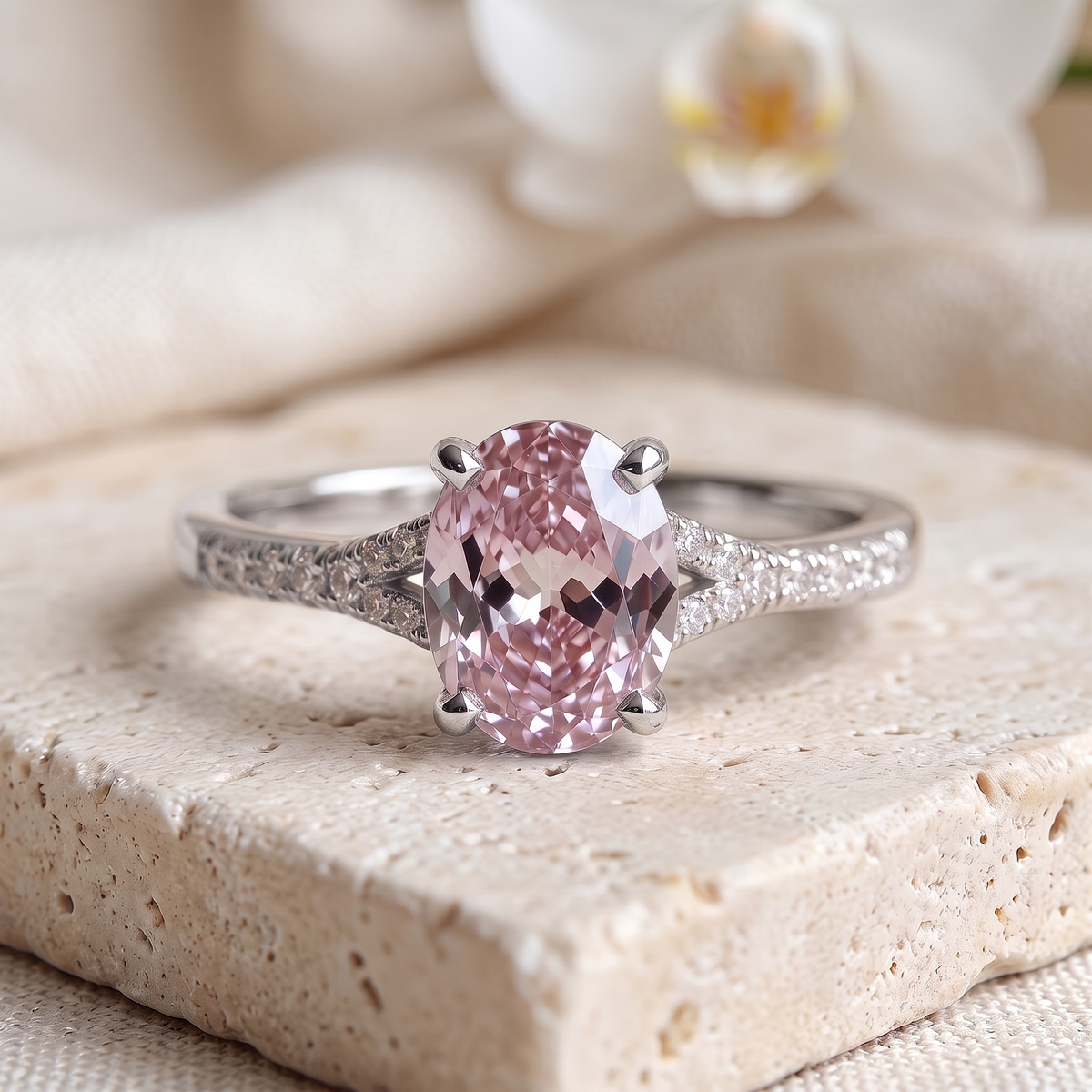 The Belina oval pink moissanite ring in silver, front isolated view.