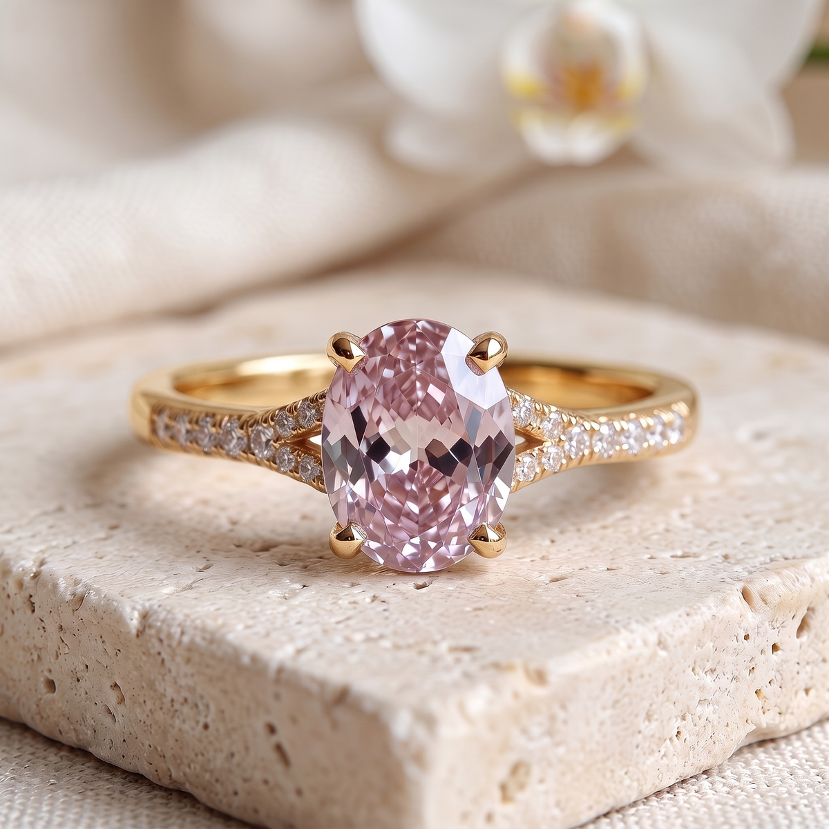 The Belina oval pink moissanite ring in yellow gold, front isolated view.