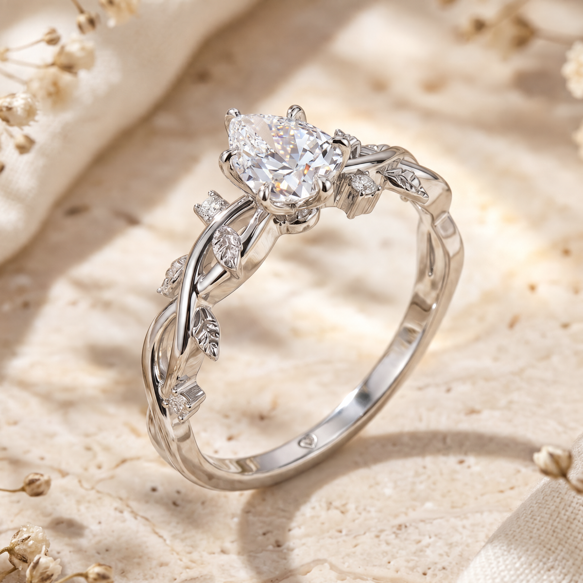 Close-up of Lysandria ring featuring a pear-cut moissanite and solid gold leaf vine band.