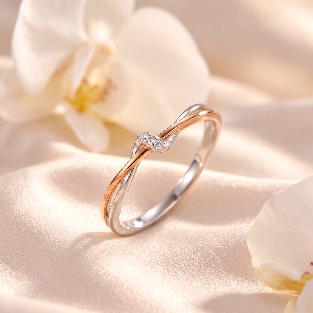 Close view of intertwined two-tone ring with clear stone accents
