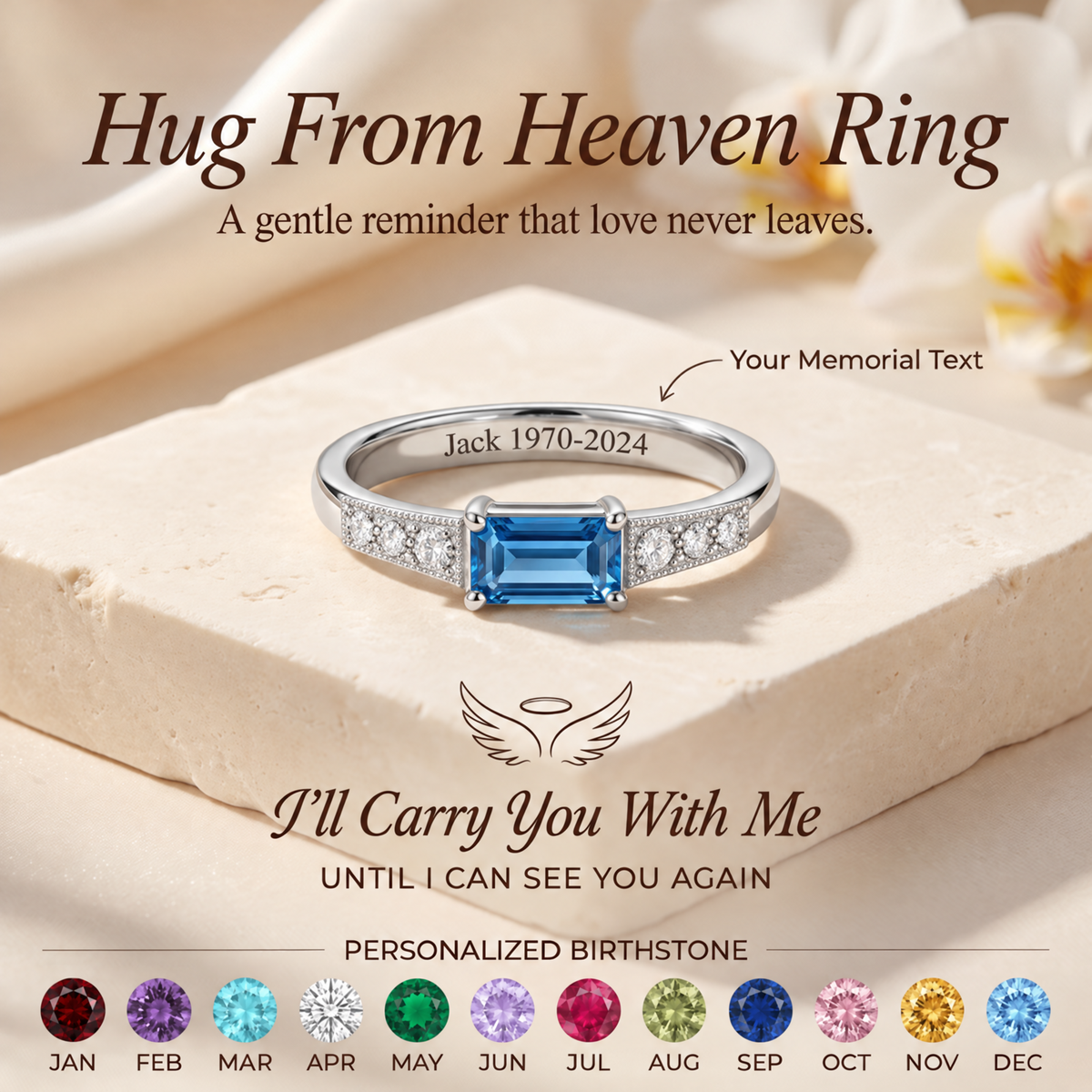 Cherished Memorial Ring in silver with blue simulated birthstone, three-stone pavé shoulders and example memorial engraving