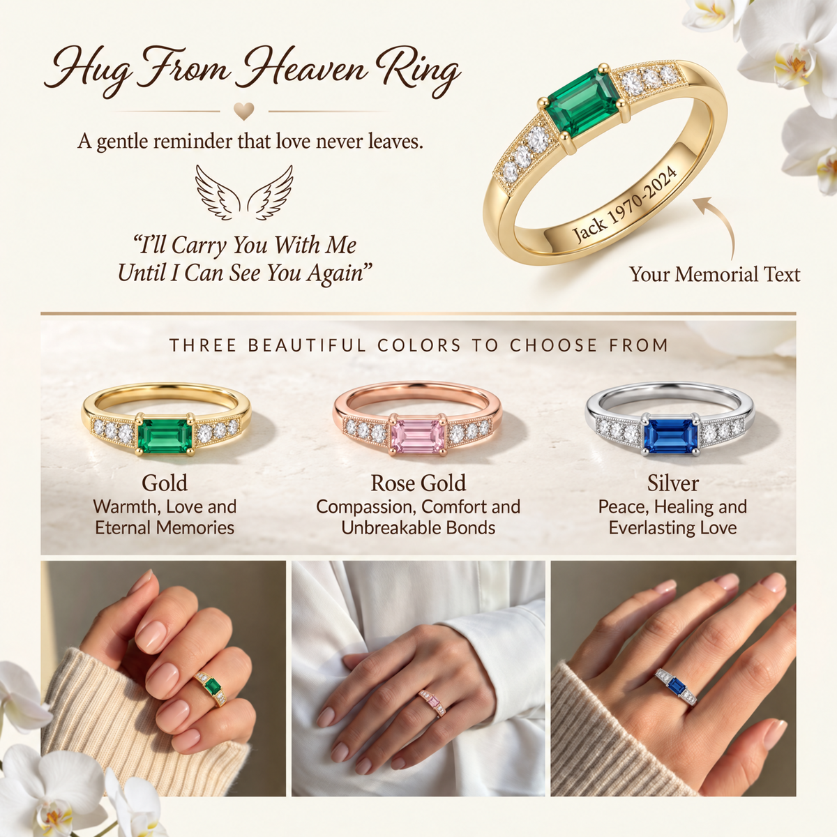 Cherished Memorial Ring collage showing gold, rose-gold and silver finishes with matching three-stone pavé shoulders and example memorial engraving