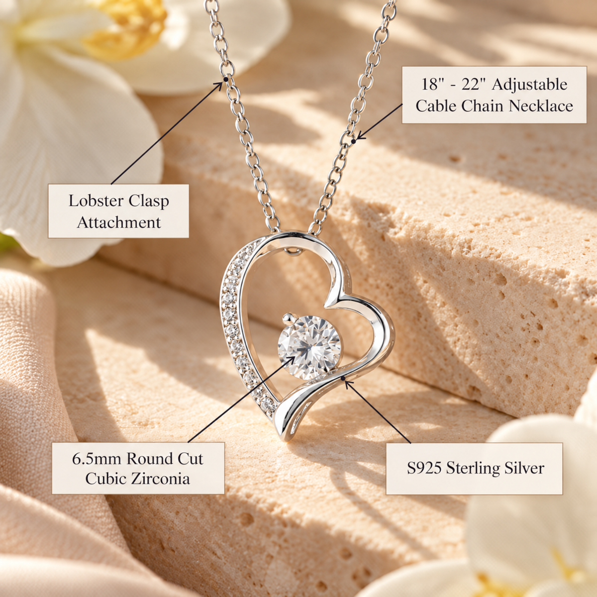 Soulmate heart necklace in S925 sterling silver; 18–22 inch adjustable cable chain, lobster clasp and 6.5mm round cubic zirconia