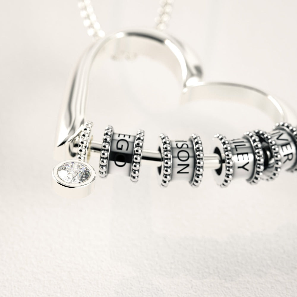 Heart Necklace with Engraved Beads & Diamond