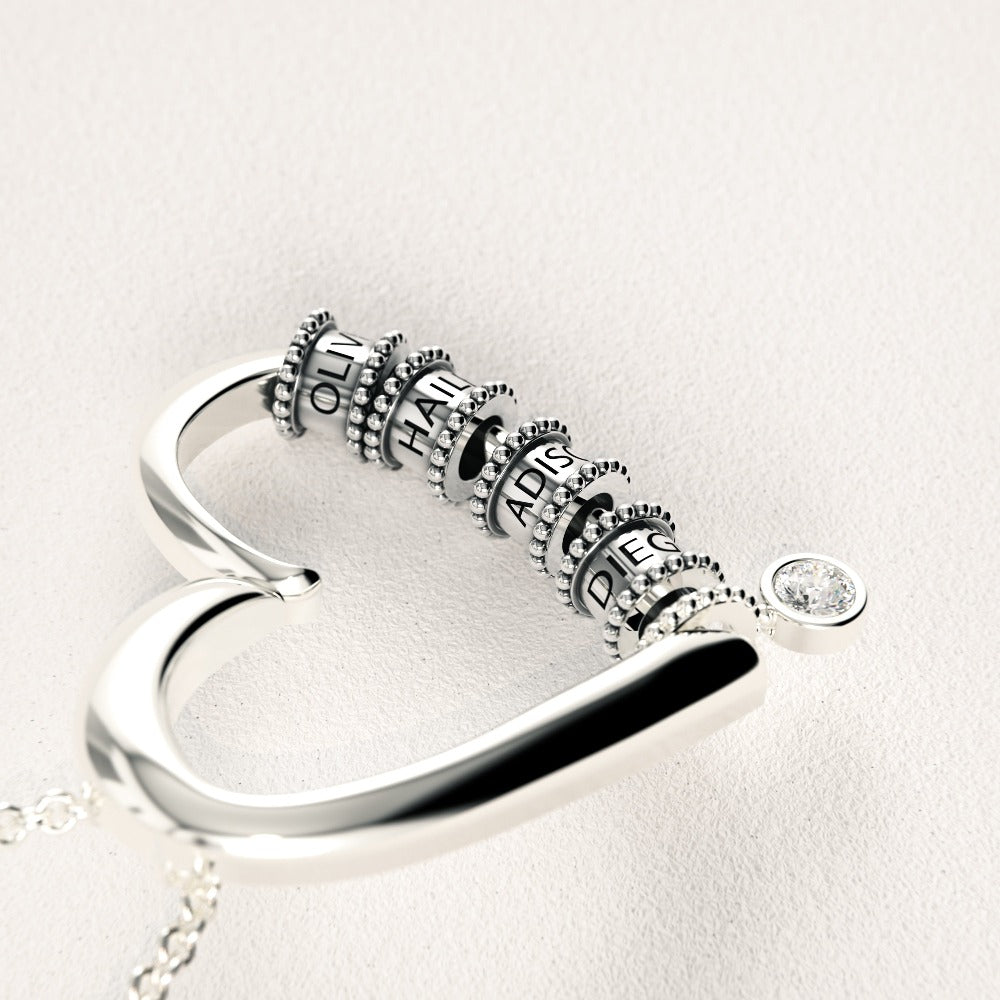 Heart Necklace with Engraved Beads & Diamond
