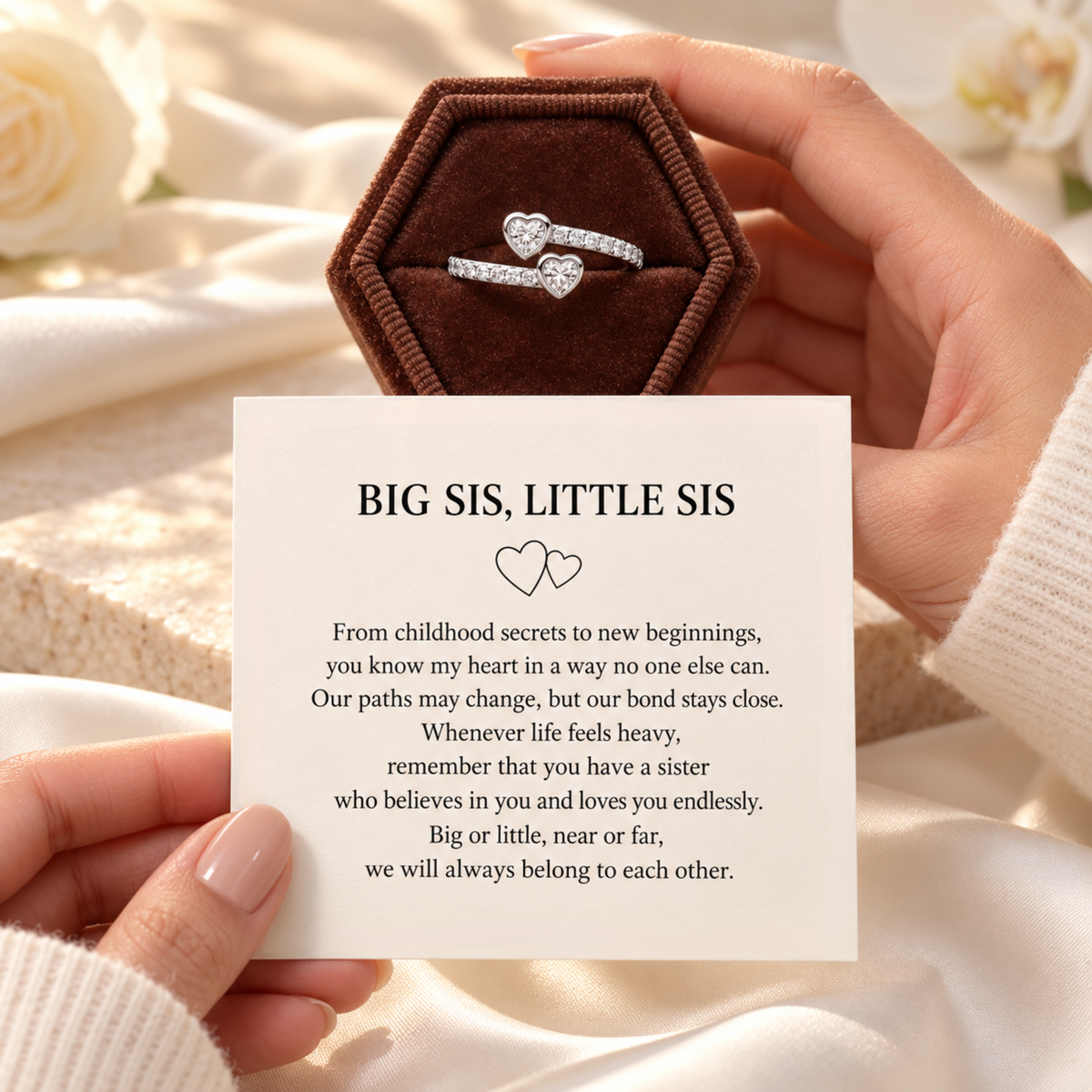 Silver Forever Love sister ring with Big Sis Little Sis message card