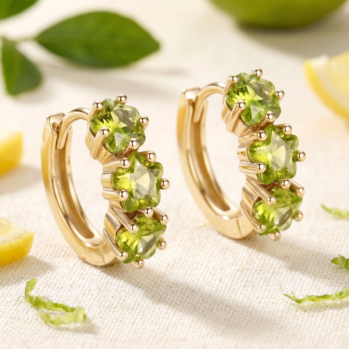 Elianise Star Hoop Earrings in 14K Solid Yellow Gold with star-cut simulated peridot.