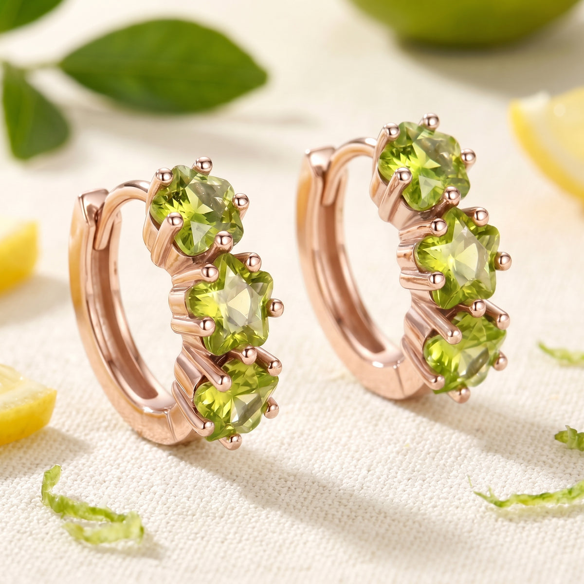 Elianise Star Hoop Earrings in 14K Solid Rose Gold with star-cut simulated peridot.