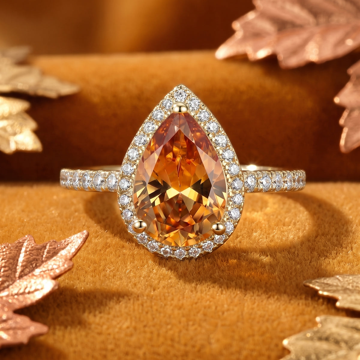The Luvia Pear Ring, a 14K Solid Yellow Gold ring with a pear-cut simulated topaz.