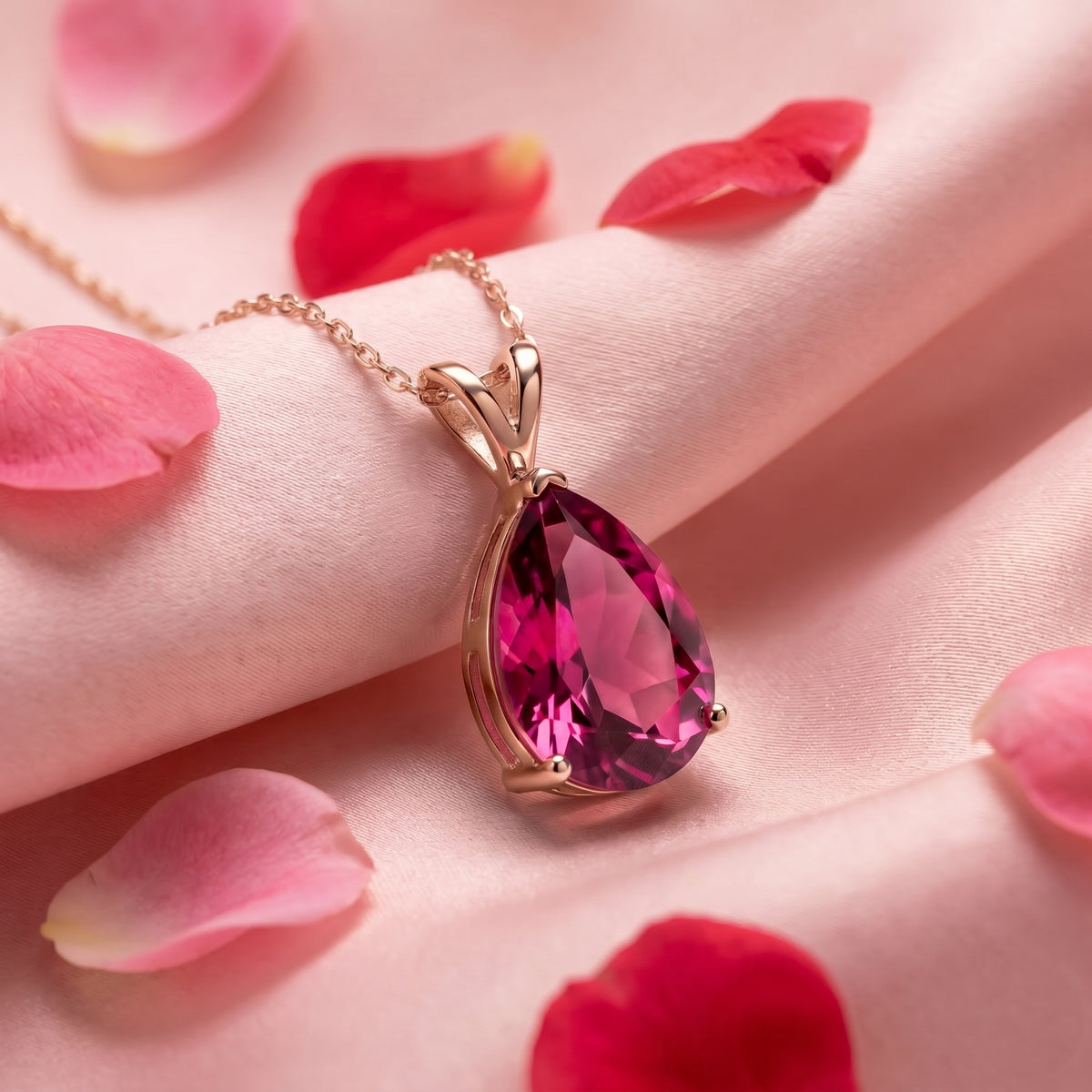 Pear-cut simulated pink tourmaline necklace in 14K or 18K solid rose gold.