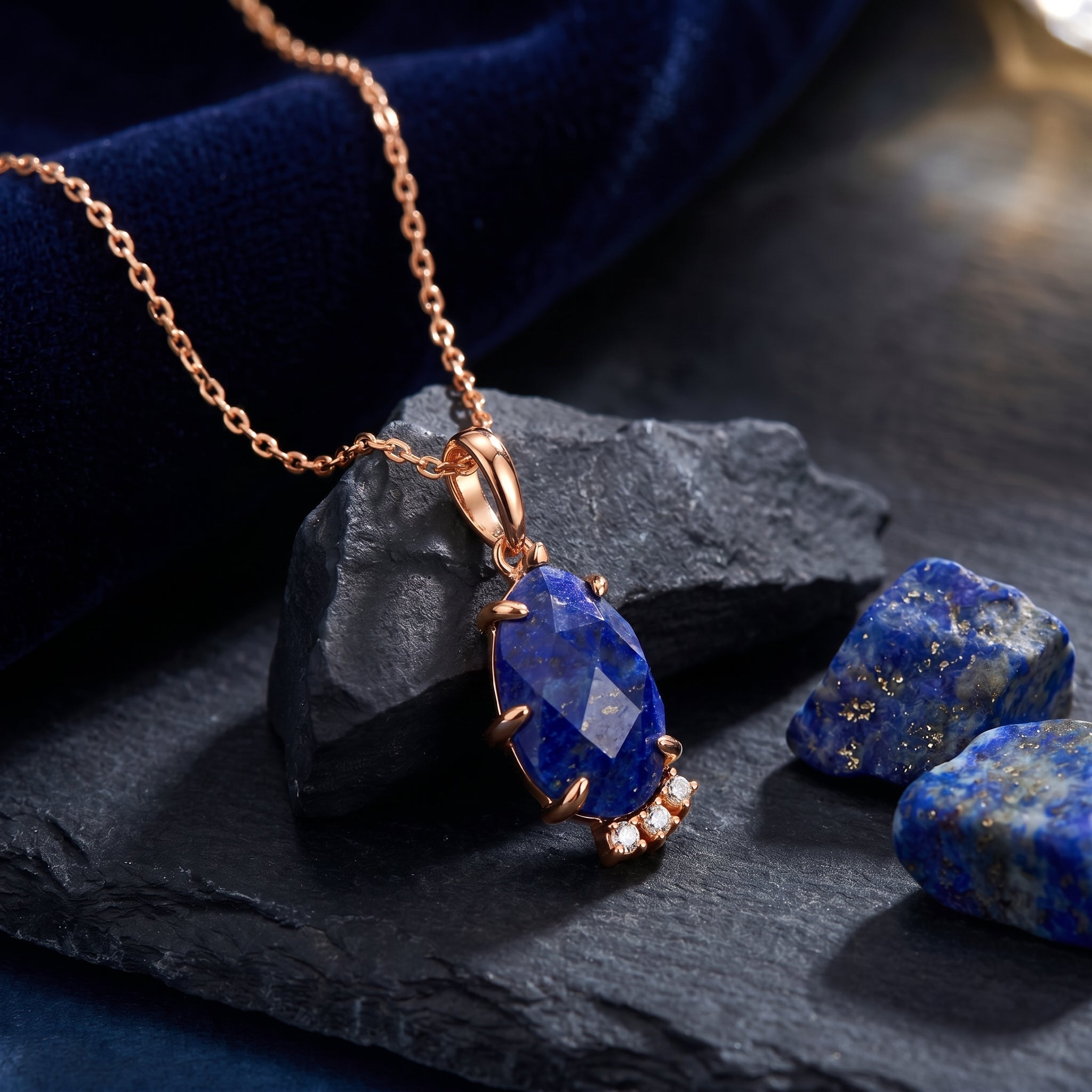 The Maia pear natural lapis lazuli necklace in solid rose gold.