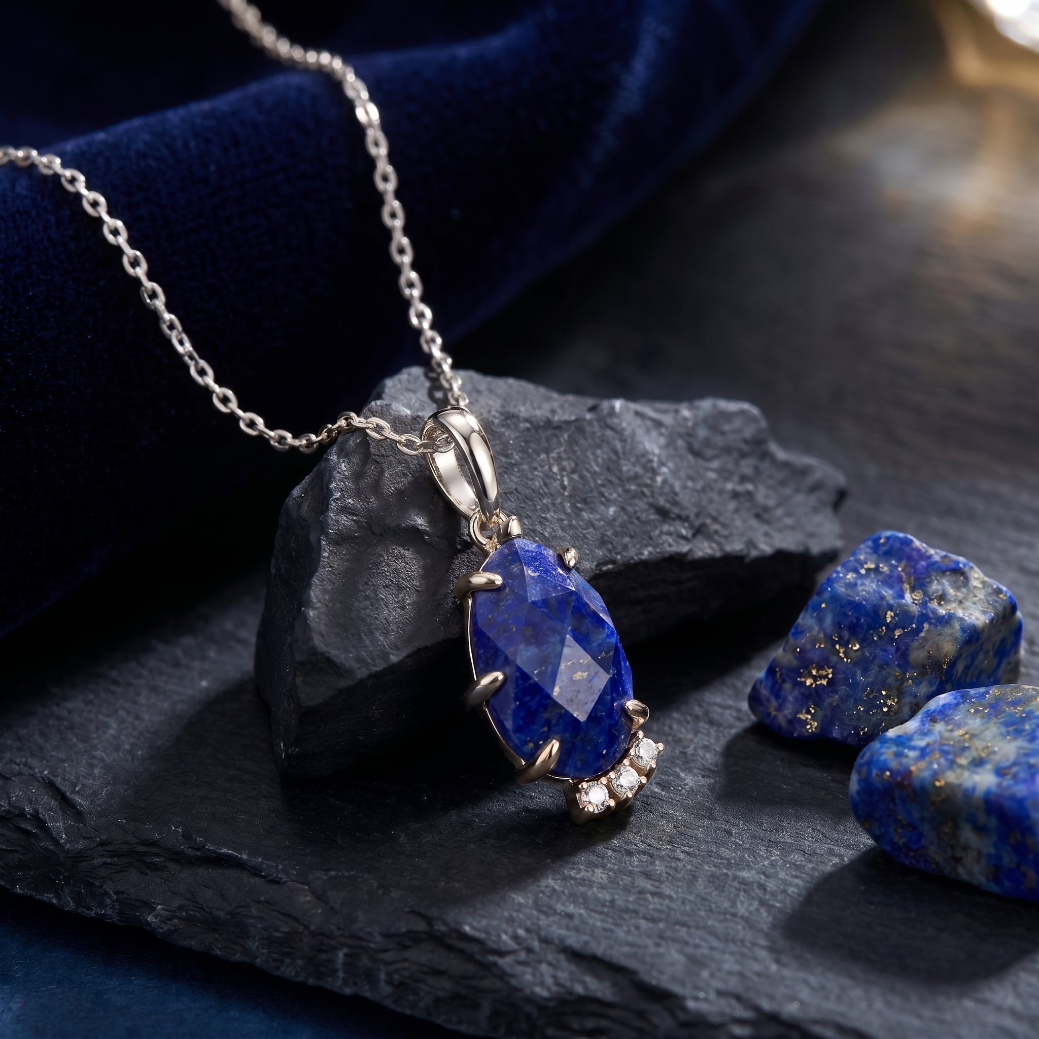 The Maia pear natural lapis lazuli necklace in solid white gold.